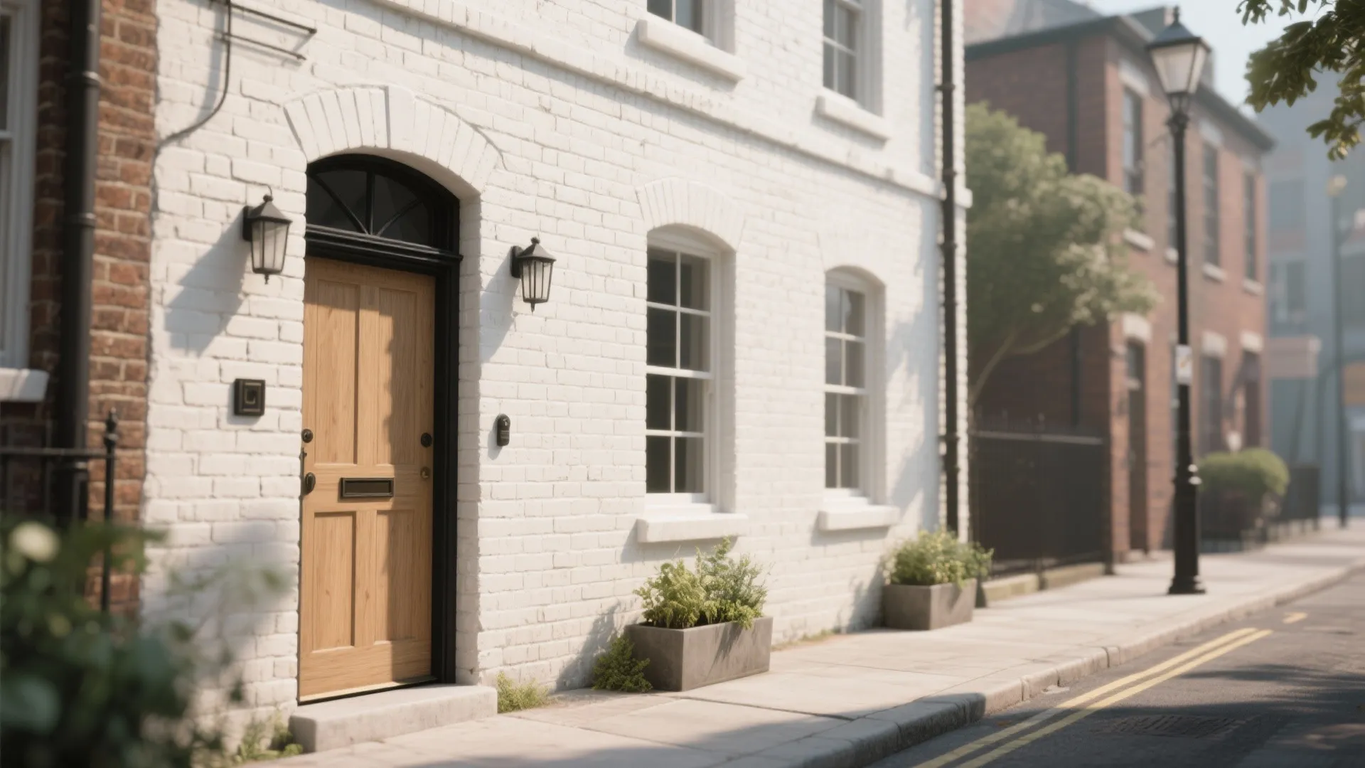 Street-facing brick house with a soft whitewash finish that brightens the facade while showing brick texture.