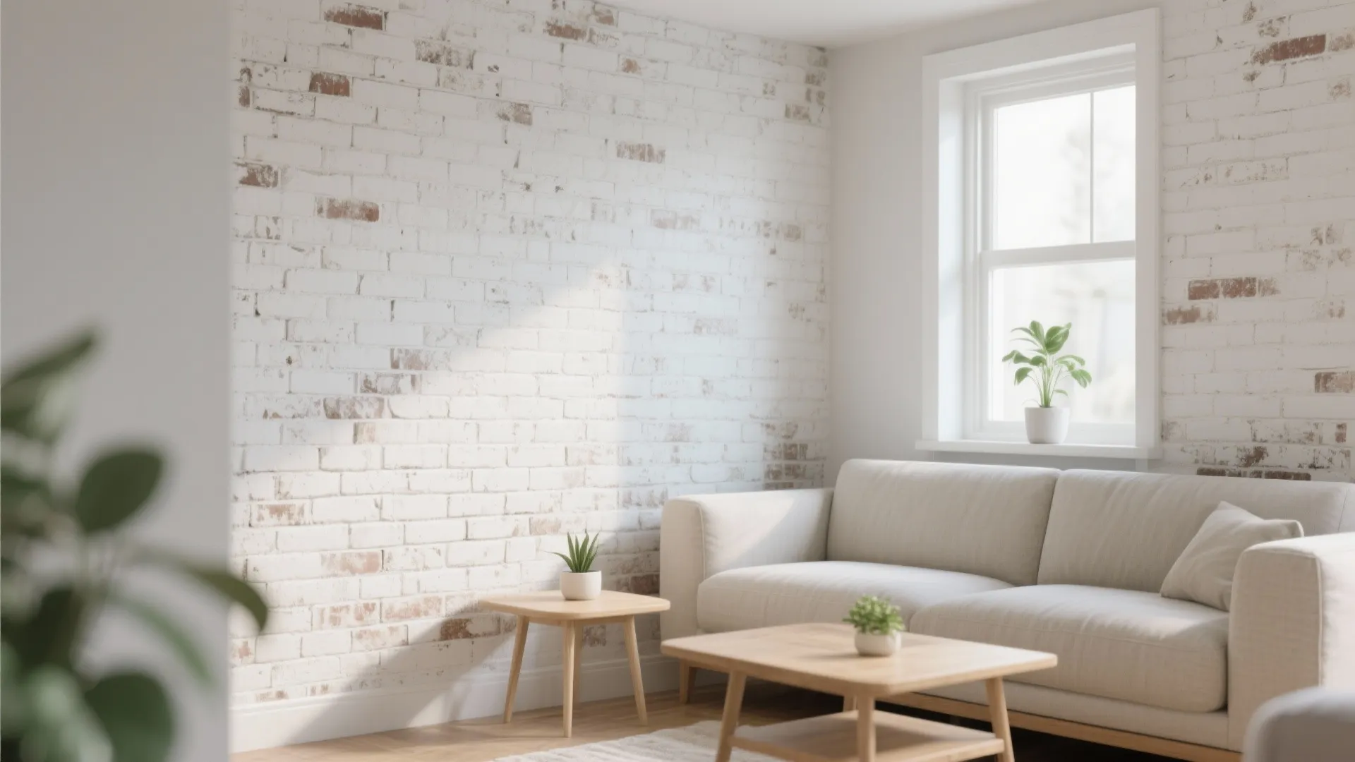 Modern bright living room with white brick wall beige sofa wooden coffee table and window