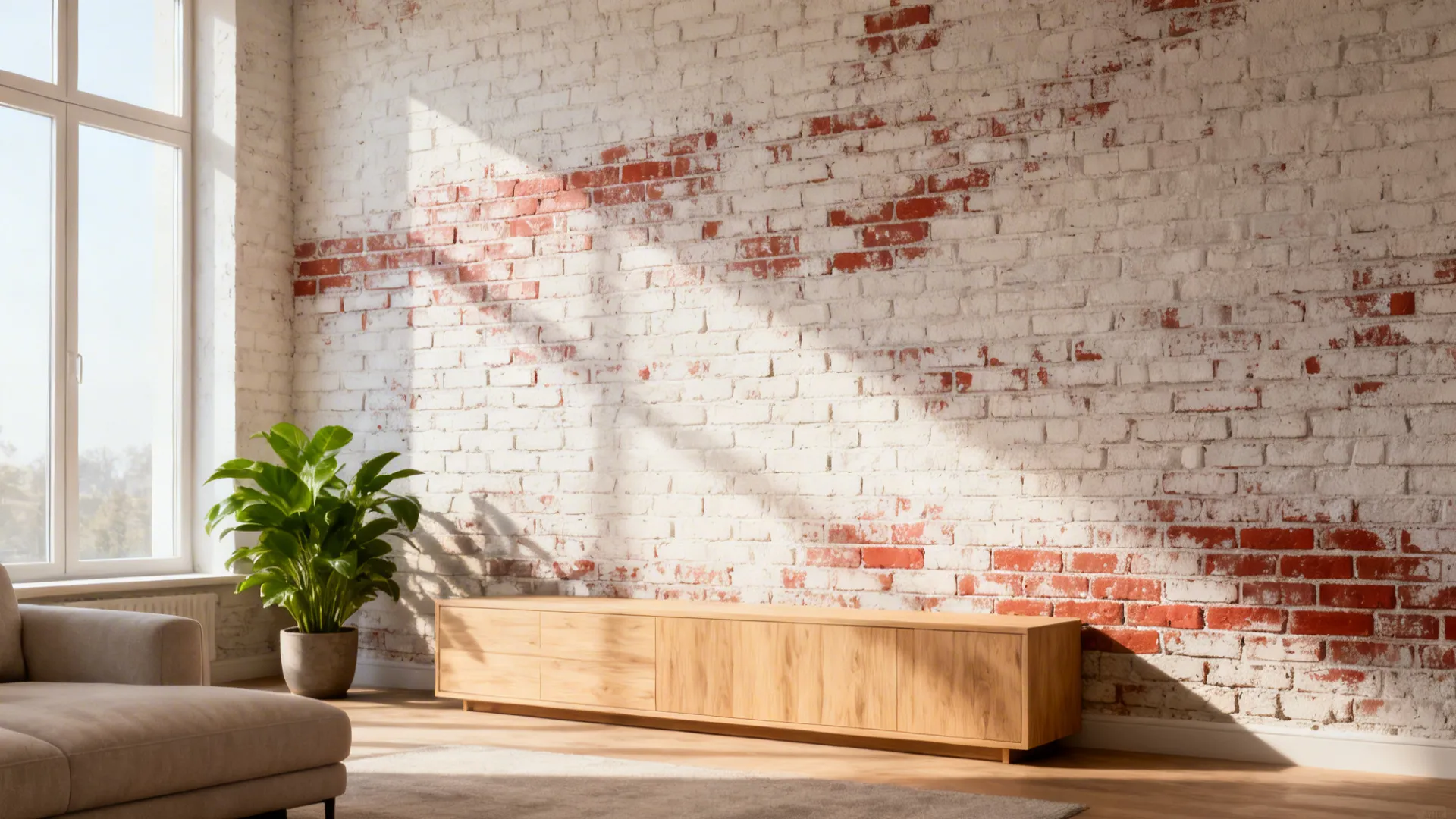 Modern living room with white painted brick wall wooden cabinet green plant sofa and natural light