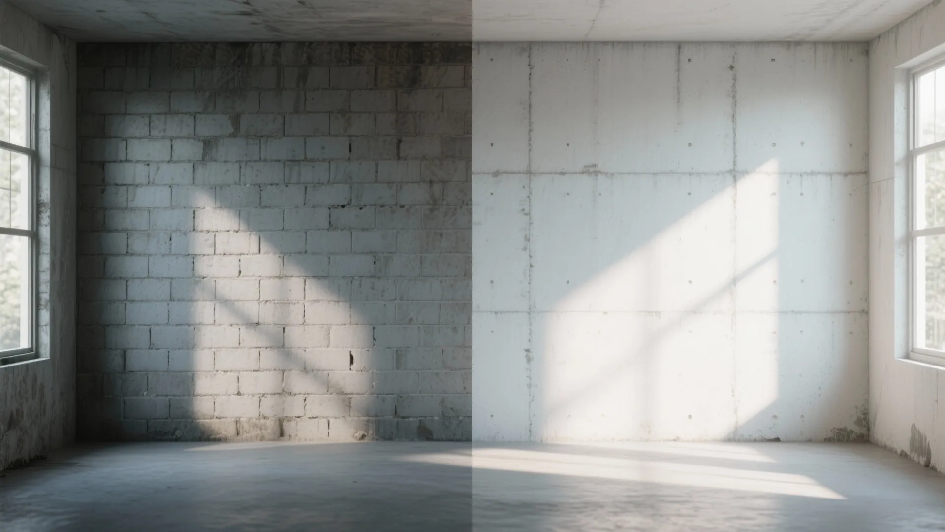 Before and after comparison of an empty room showing rough brick wall versus smooth surface