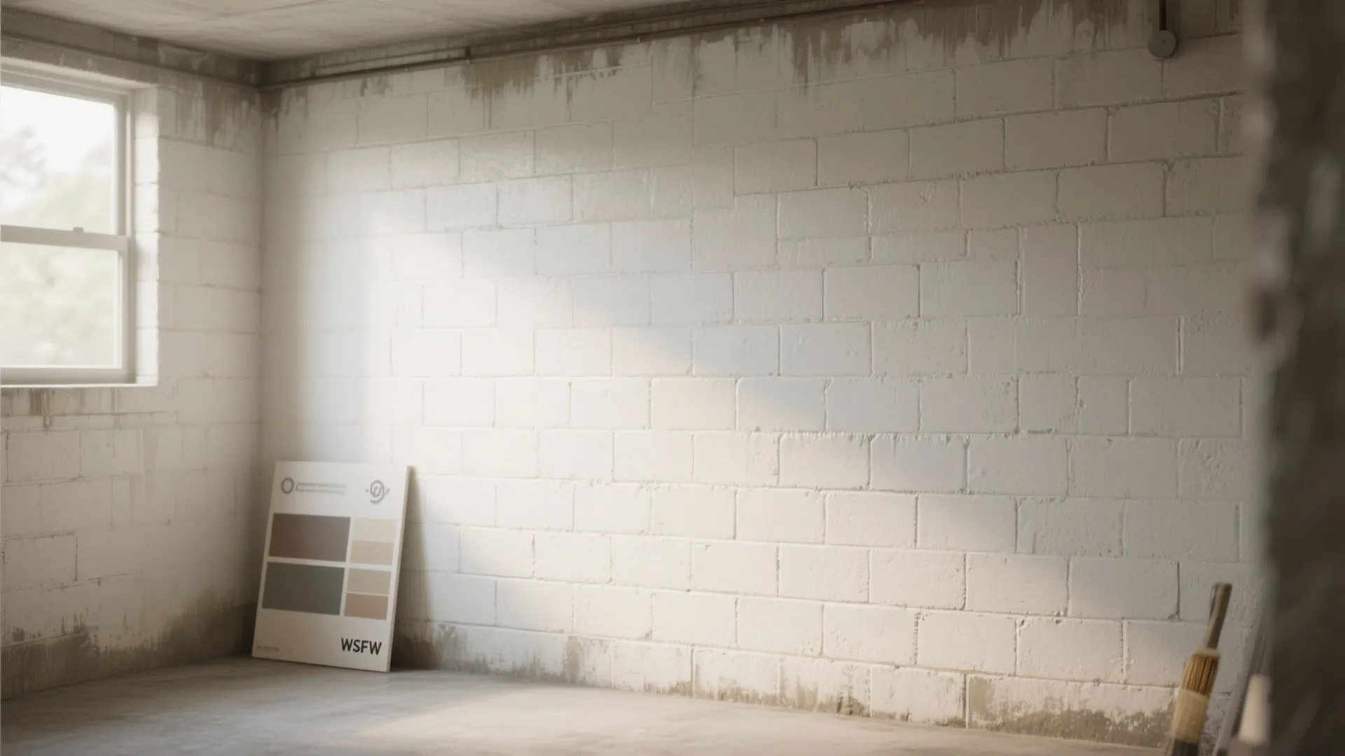 Concrete block wall with a soft whitewash finish showing textured block grain and light bounce in a basement.