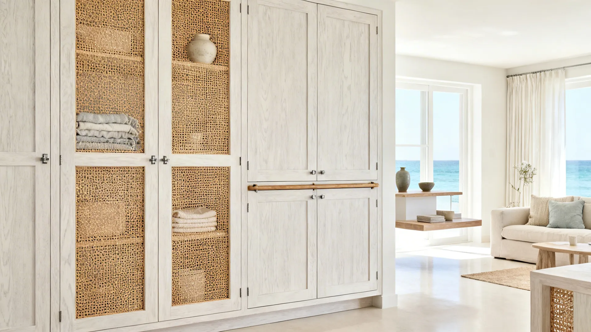 Whitewashed ash veneer wall unit with tight-weave cane lattice doors in a bright, airy living room.