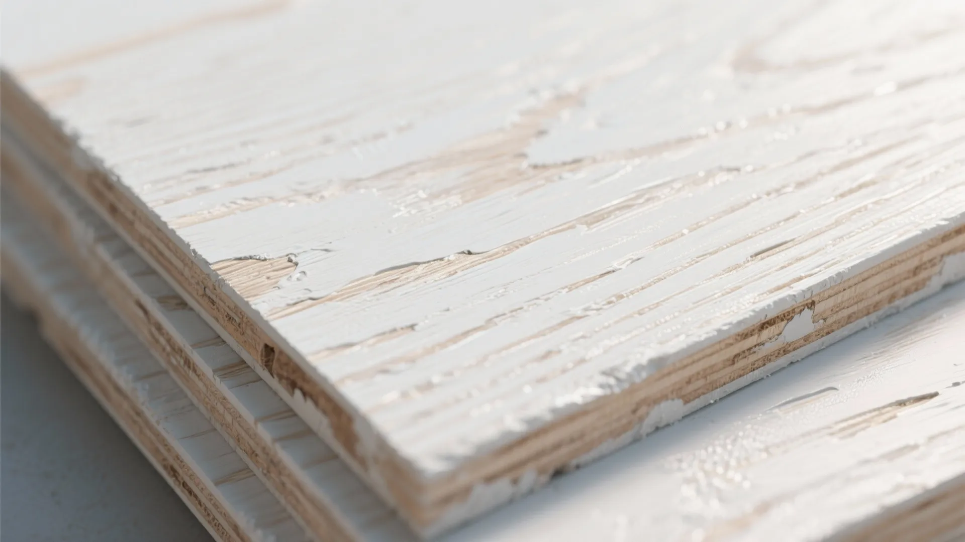 Close-up of whitewashed plywood grain with a diluted paint finish and satin seal.