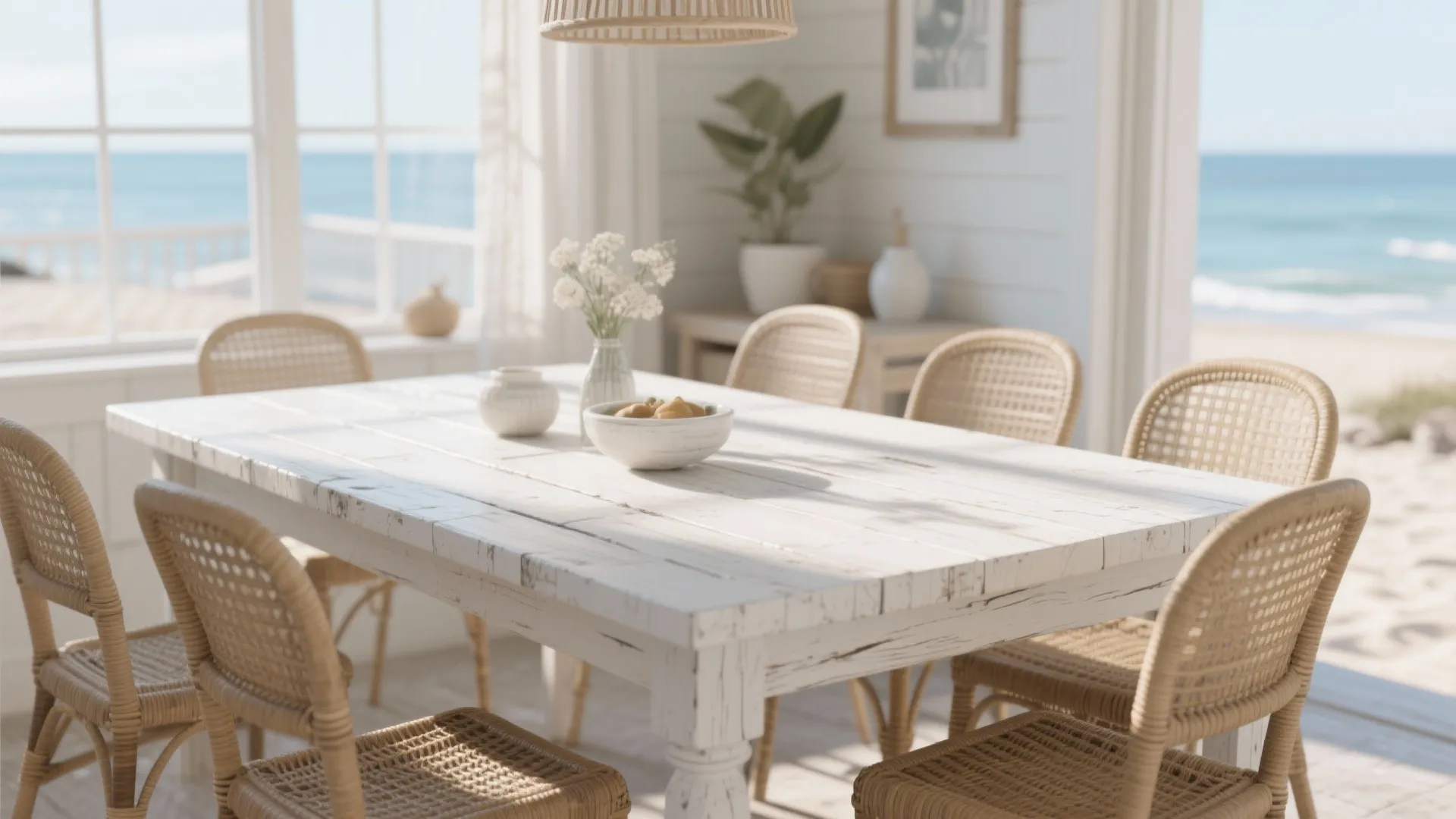 Coastal dining room with white wood table woven chairs large window and beautiful ocean beach view
