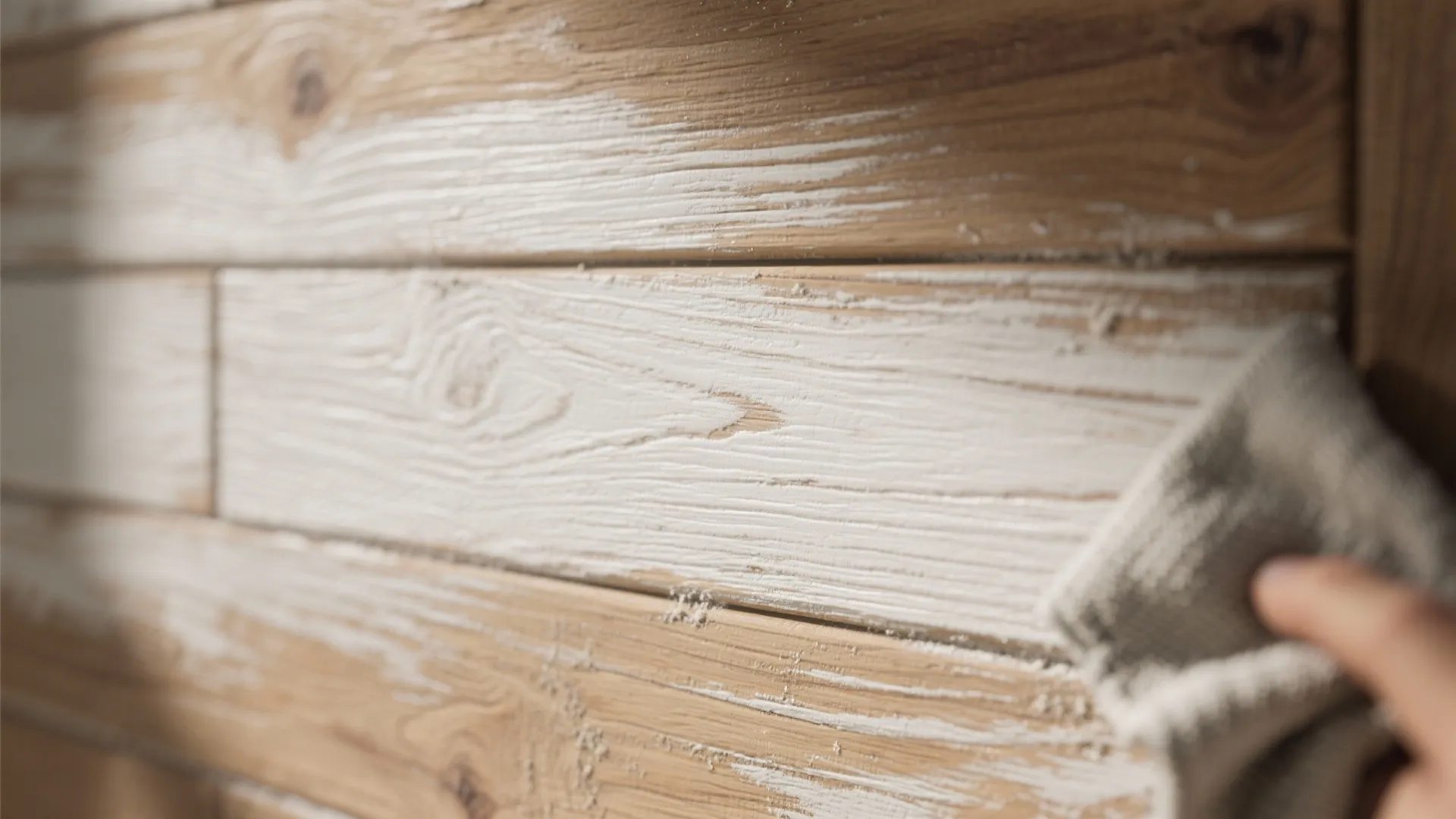 Close-up of wood paneling with a sheer whitewash that preserves and highlights the grain and texture.