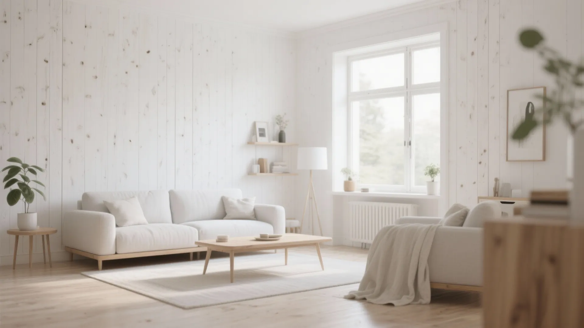 Bright white living room featuring wood wall paneling white sofa coffee table and large window light