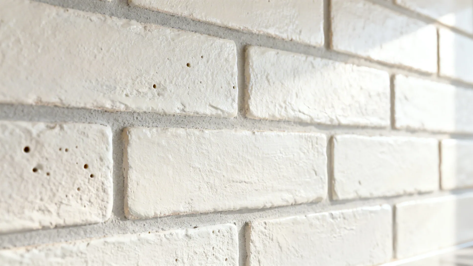 Macro of whitewashed brick with pale gray grout and matte sealed texture.