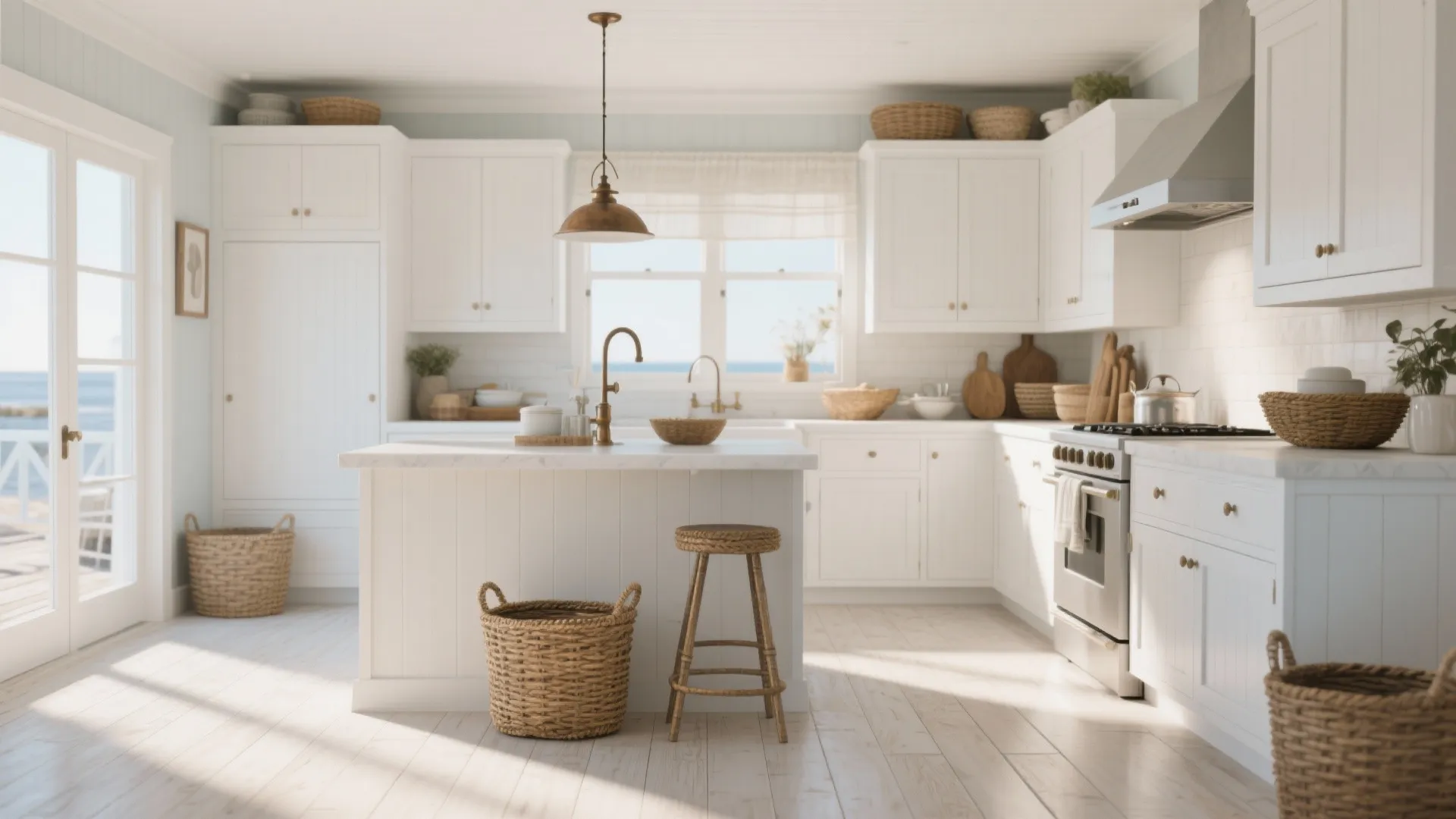 Bright coastal kitchen with white cabinets white island wood floor straw baskets and natural light