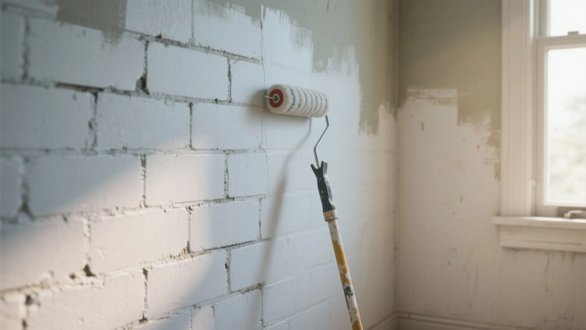 Paint roller applying white paint onto a textured interior brick wall near a sunny window