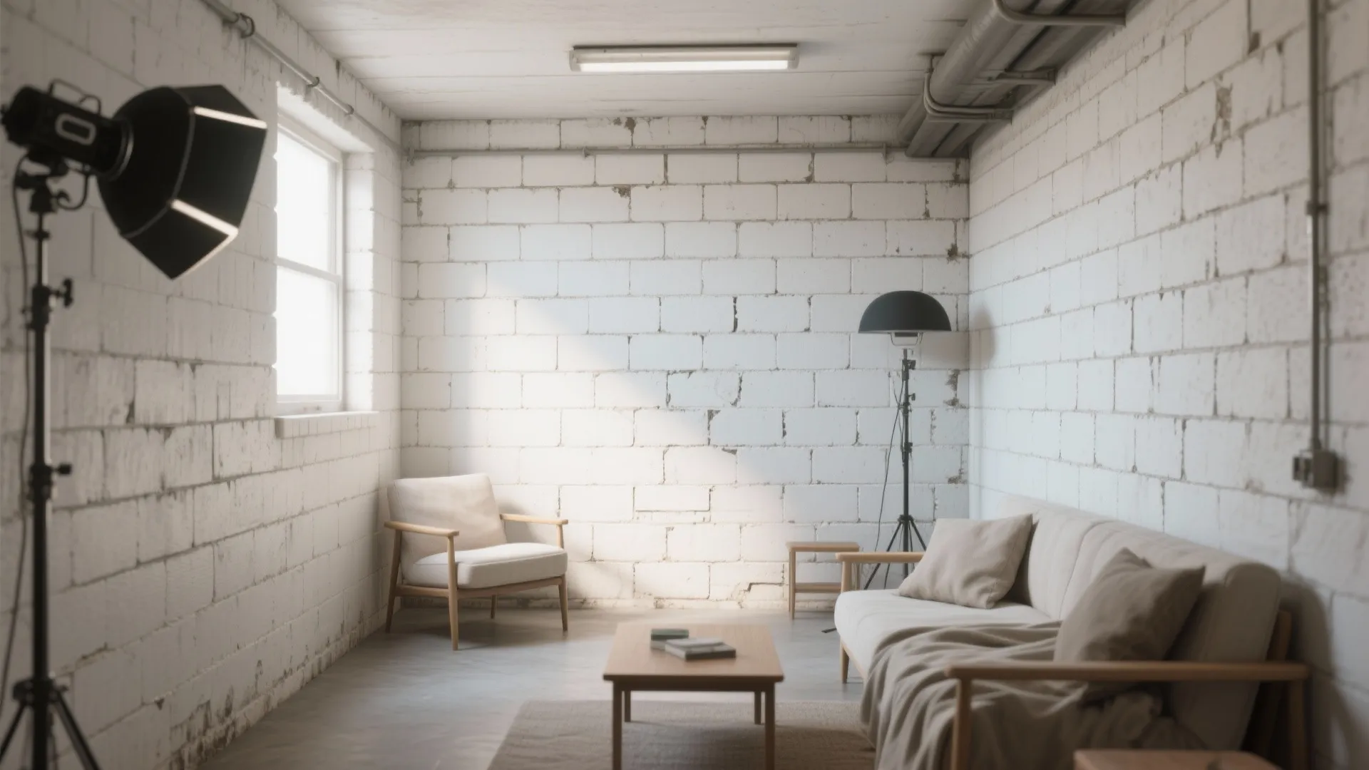Industrial living room with white brick walls beige sofa wooden coffee table and professional lighting