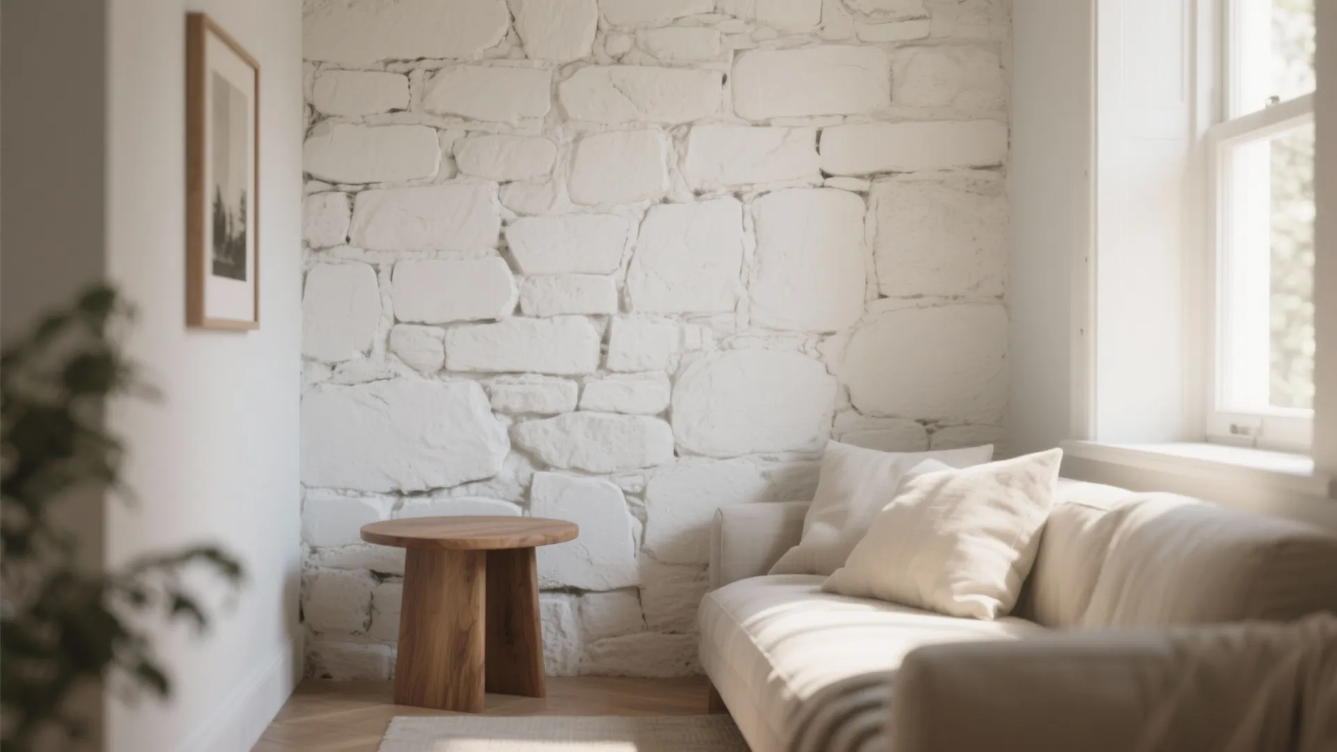 White stone wall living room with beige sofa, wooden side table, window, and soft rug