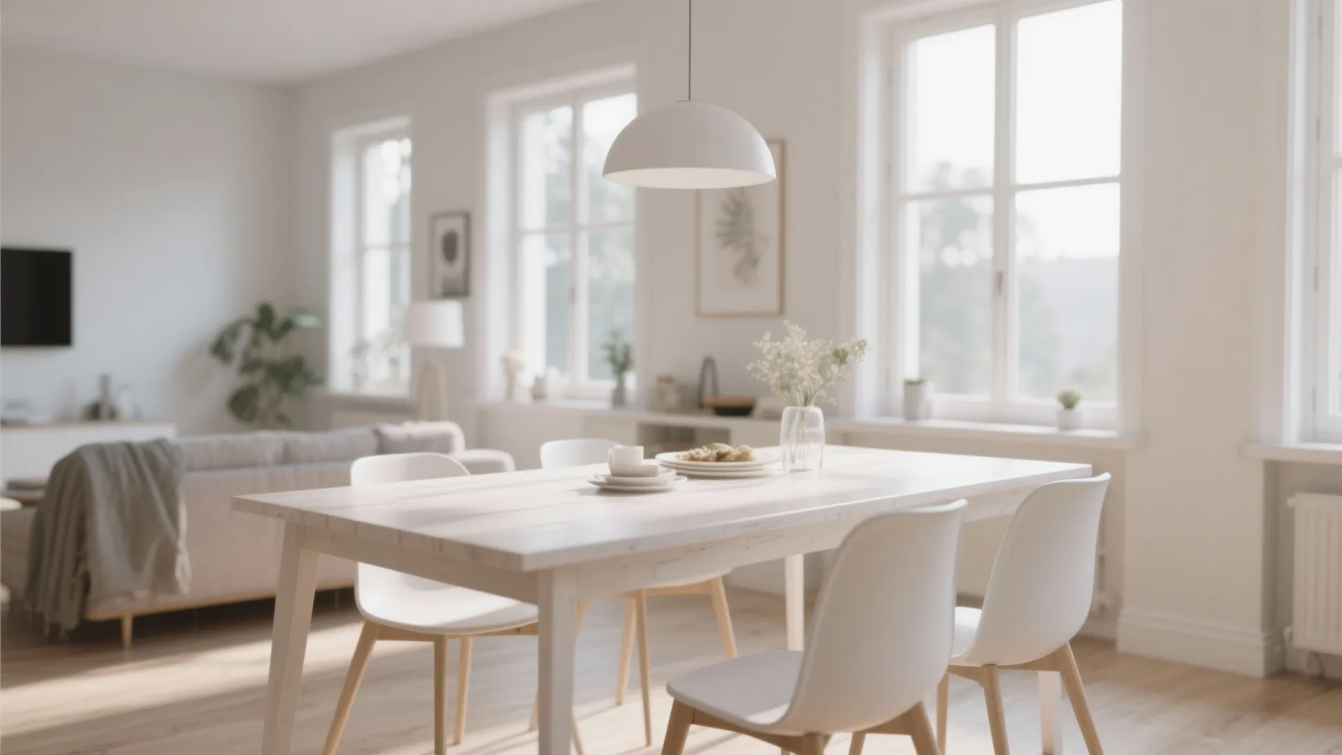 Bright Scandinavian dining table with subtle whitewash finish