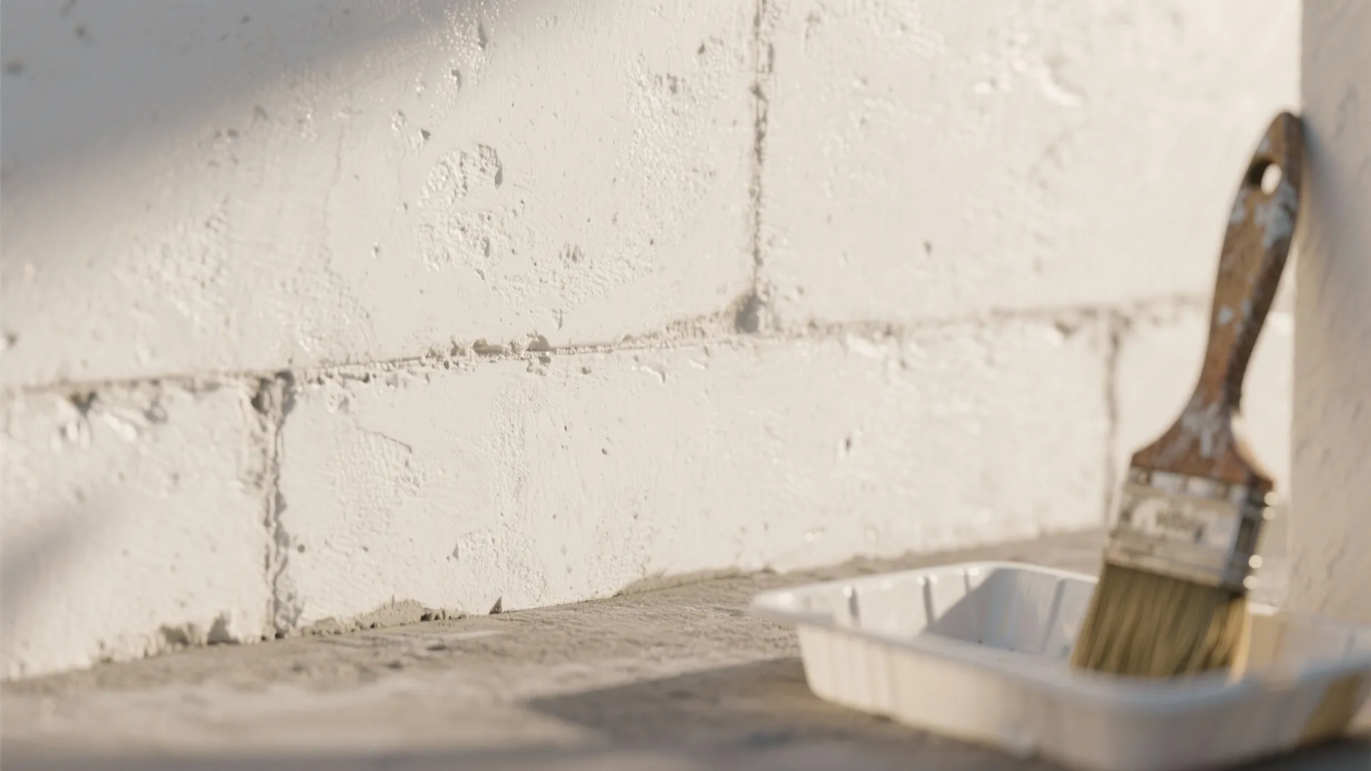 White brick wall with a wooden paint brush sitting inside a white plastic painting tray