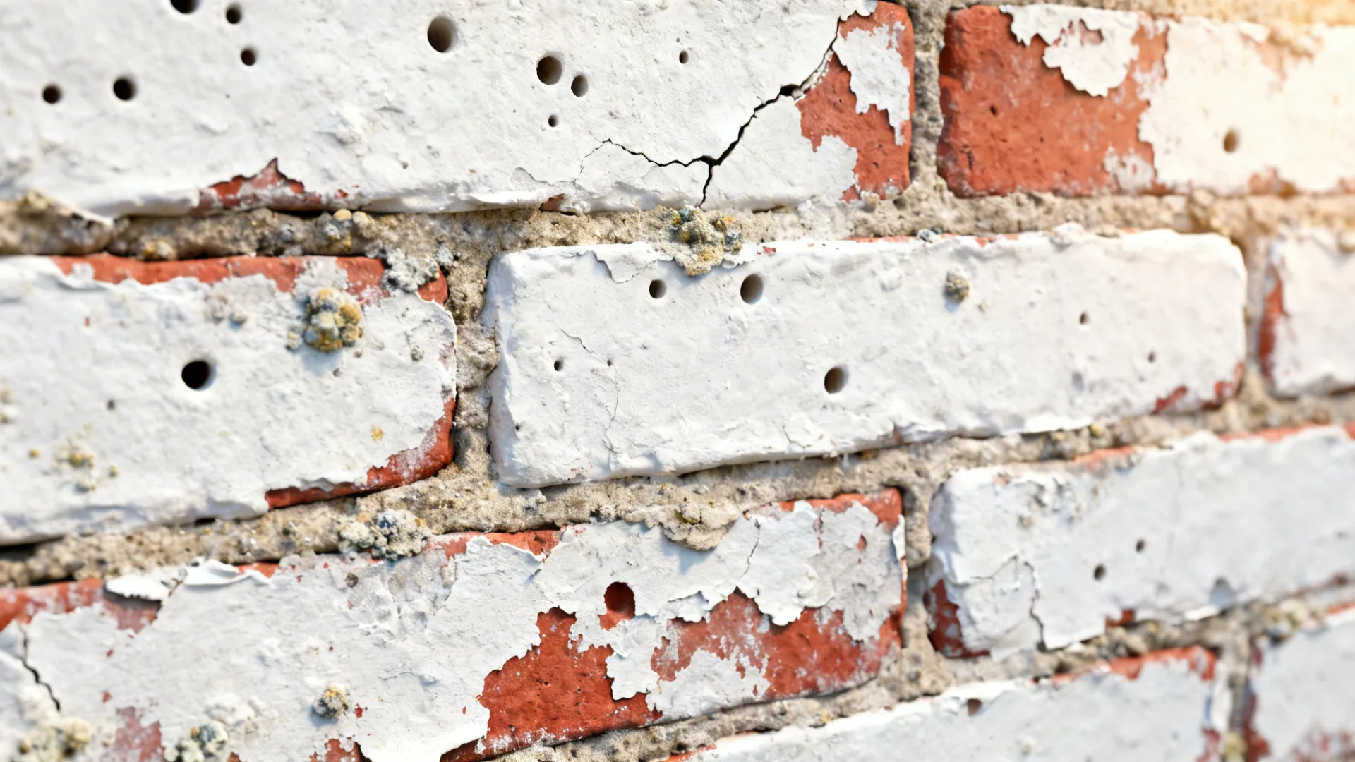 Close up of an old red brick wall with peeling white paint and rough textured cement