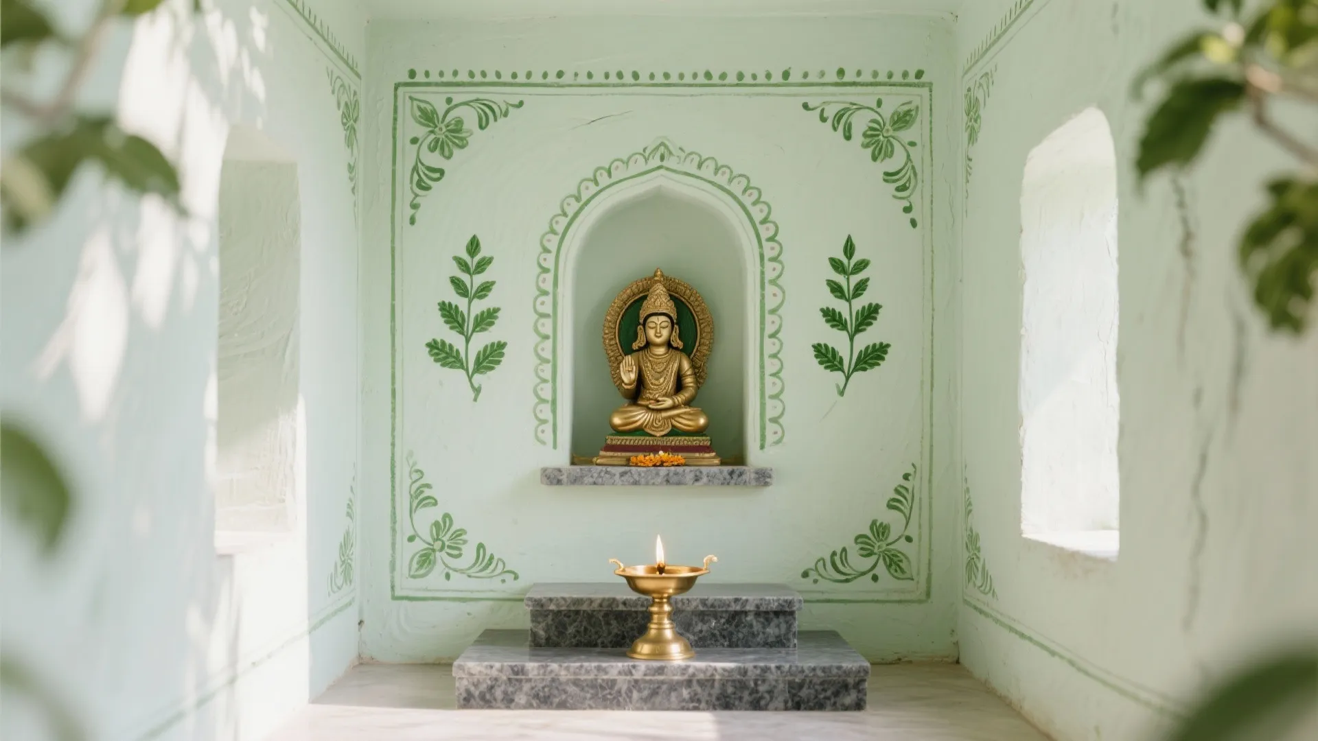 Small gold statue inside a light green wall niche with a gold light fixture nearby