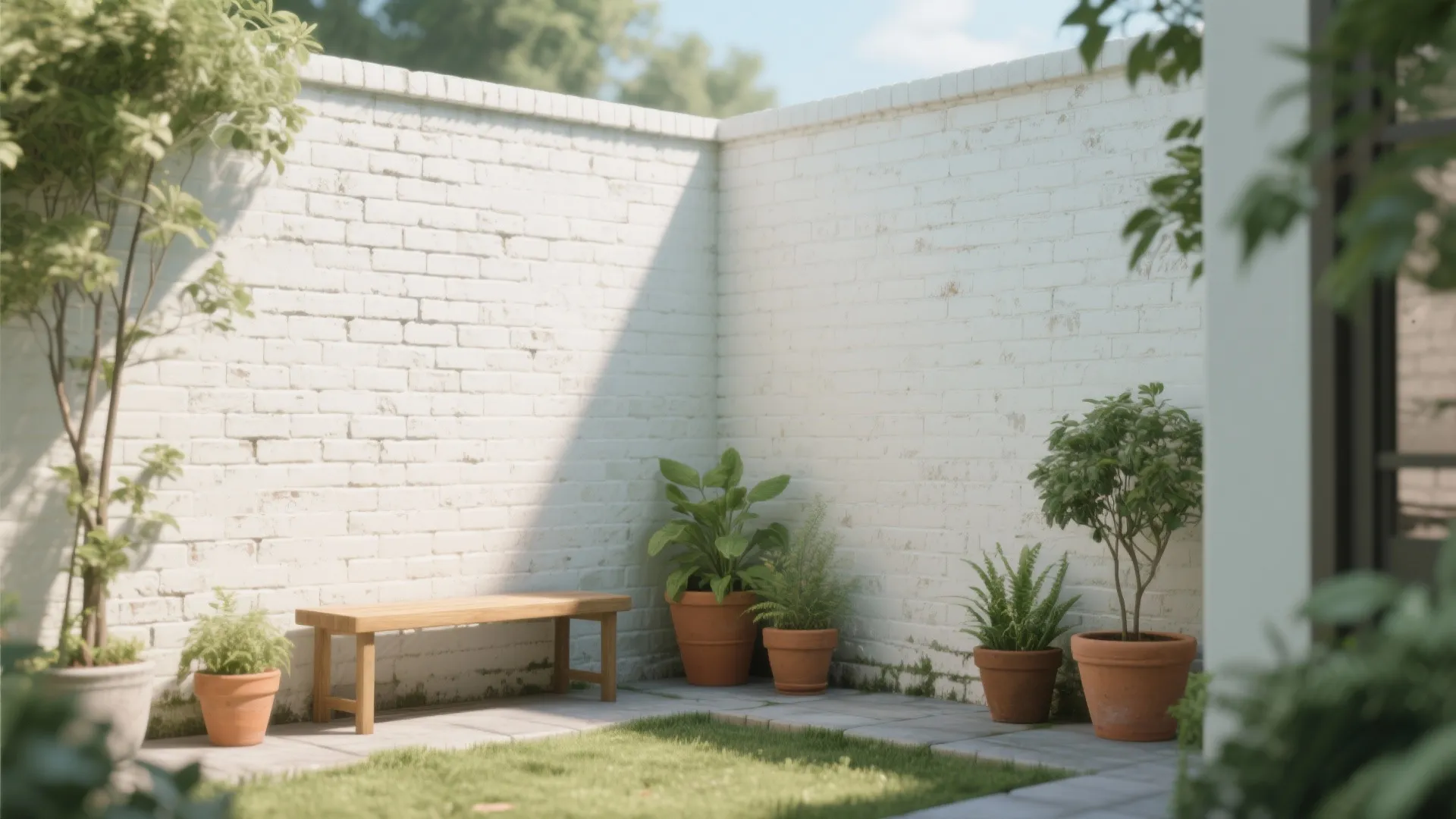 Outdoor garden corner with white brick walls wooden bench and several green plants in pots