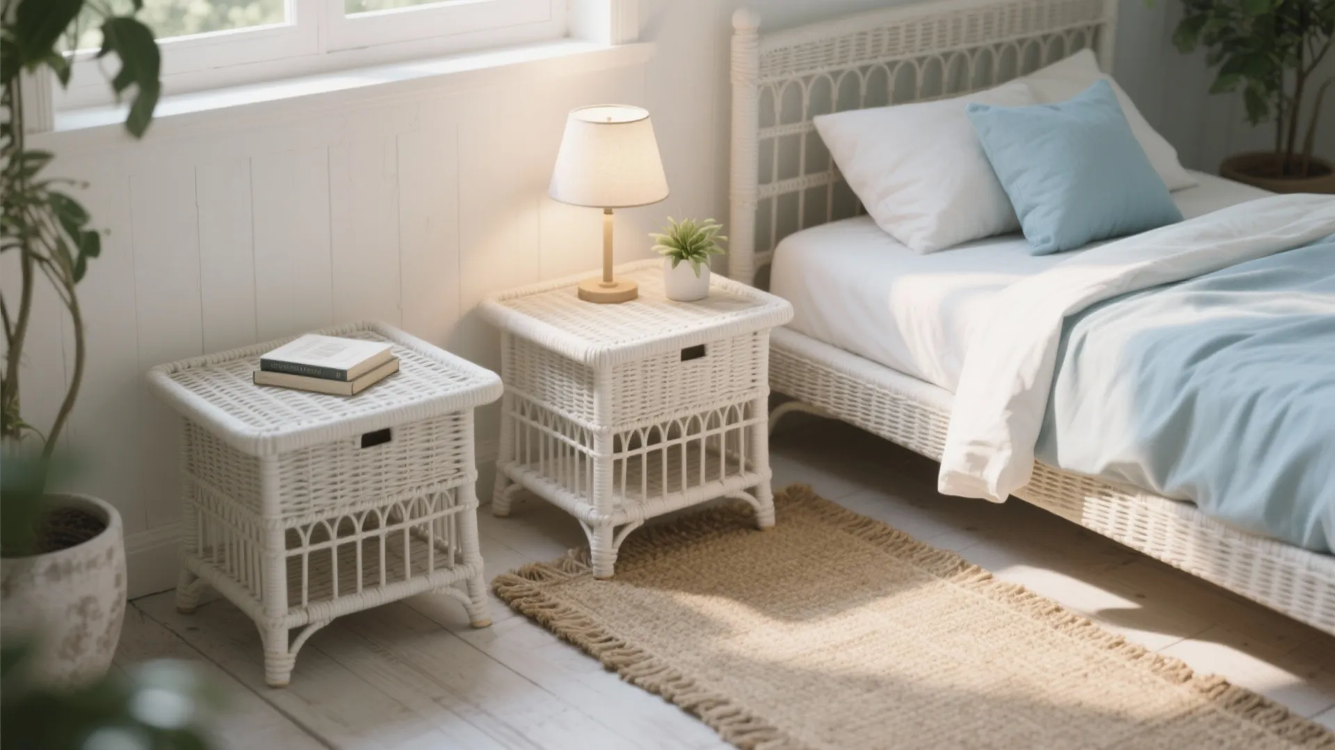 2. Wicker bedside tables with whitewash finish