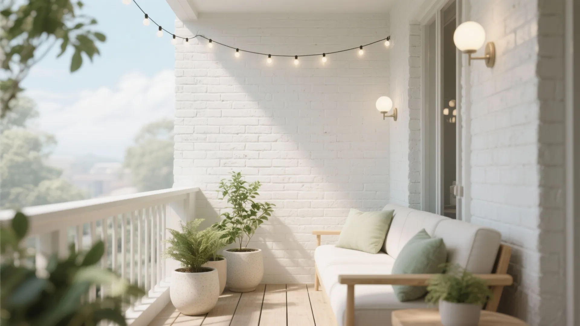 Bright white balcony with brick wall white sofa string lights and green plants in pots