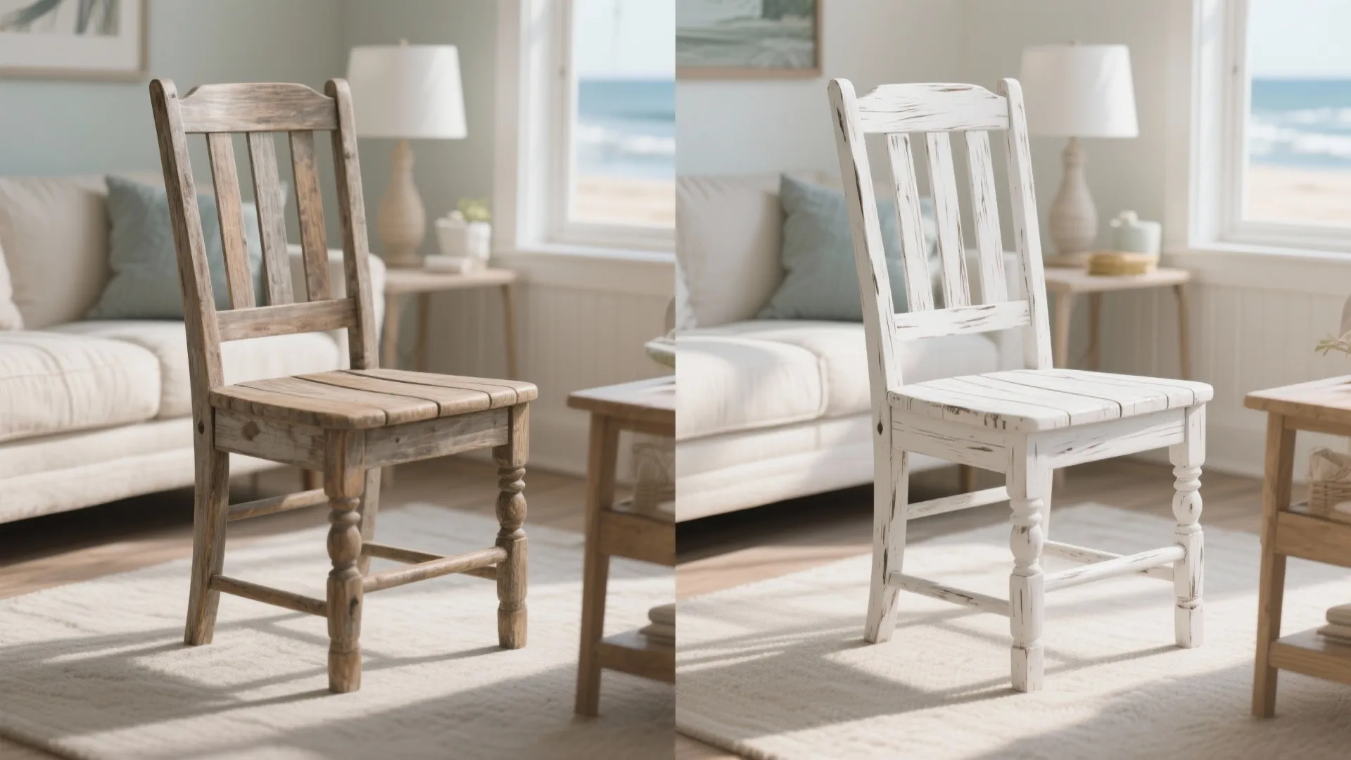 Before and after comparison of a natural wood chair and a white painted wooden chair