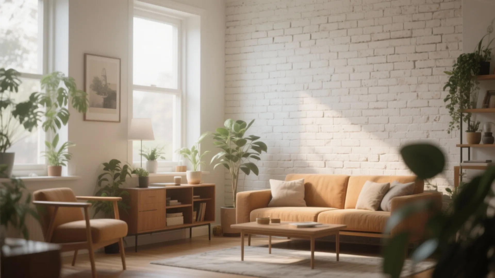 Soft whitewashed brick wall retaining texture in cozy interior