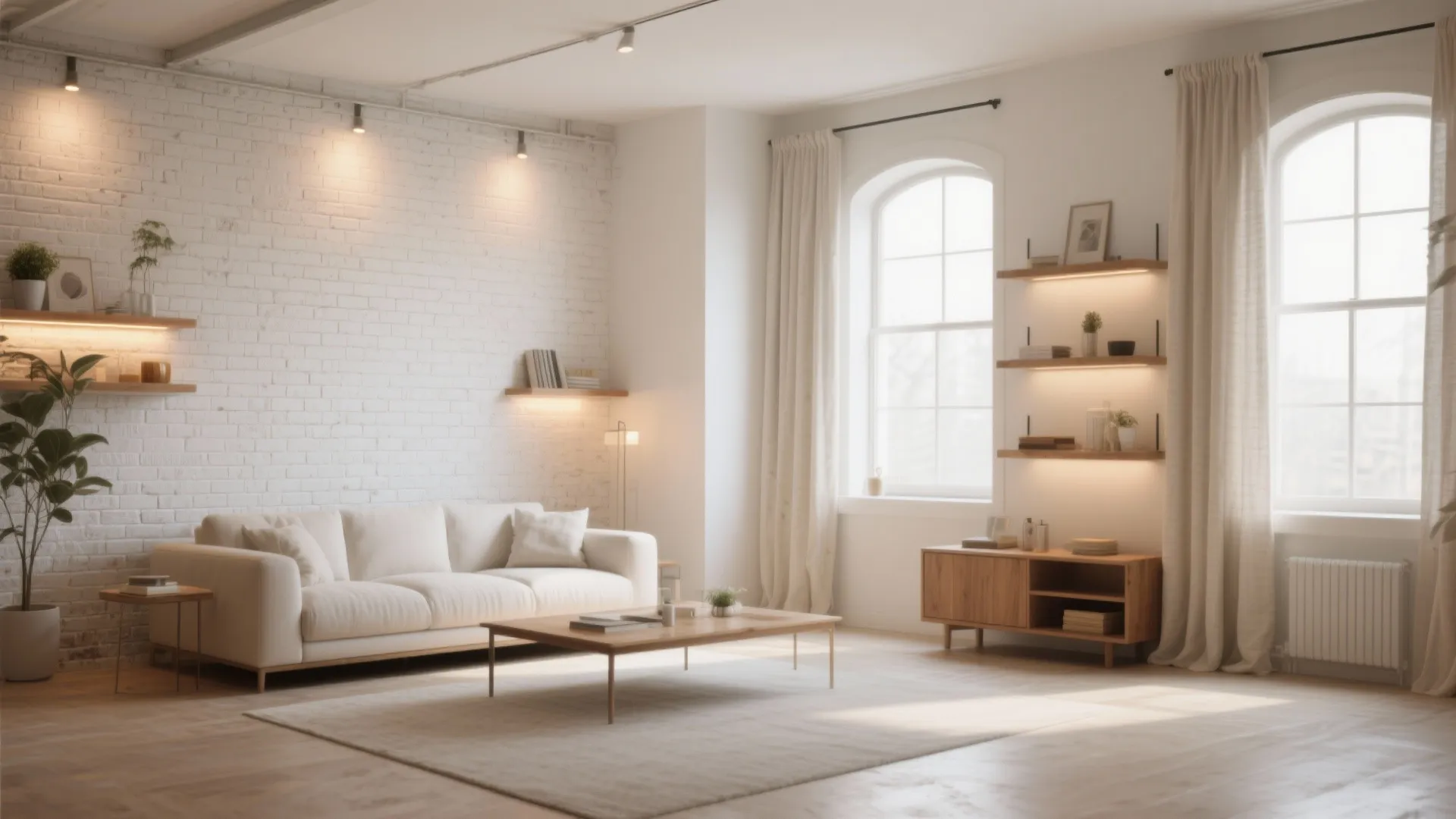 Modern bright living room with white brick wall white sofa wooden coffee table and arched windows