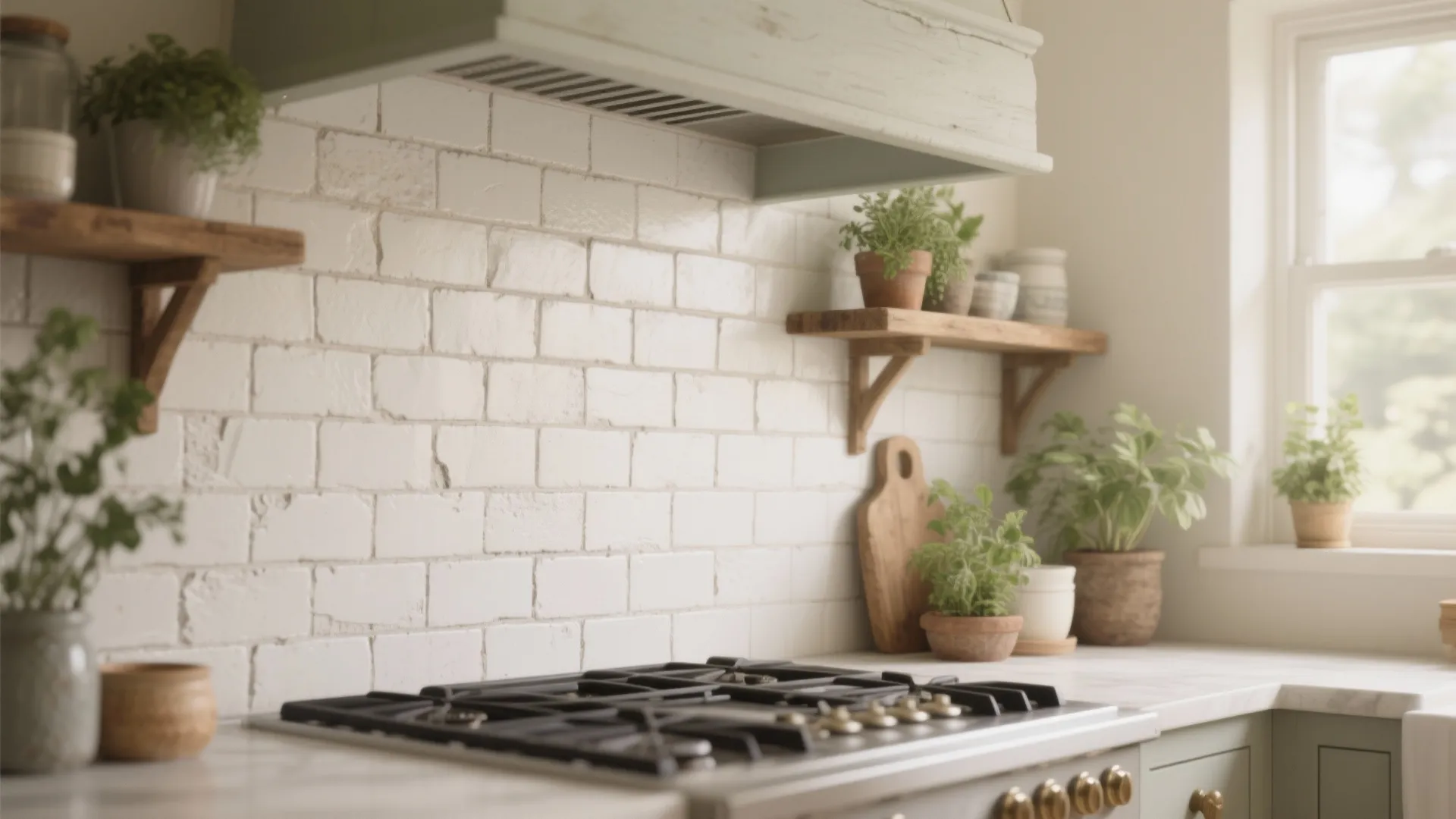 Modern kitchen with white brick wall wooden shelves potted plants gas stove and marble countertop design
