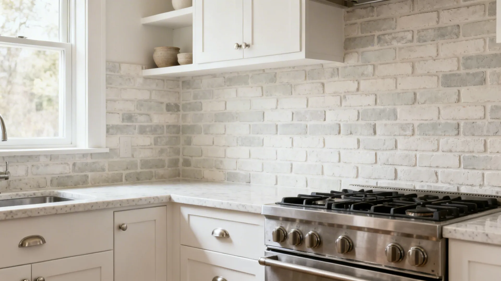 White kitchen with a softly whitewashed brick backsplash and pale gray grout.