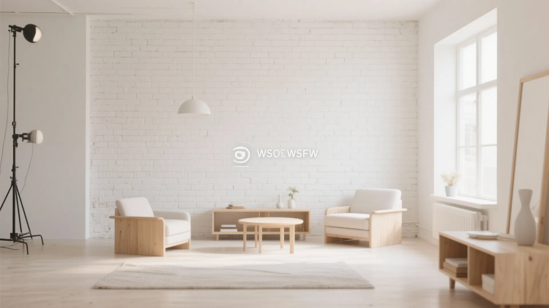 Bright studio with white brick wall wooden furniture two armchairs round coffee table and floor lamp