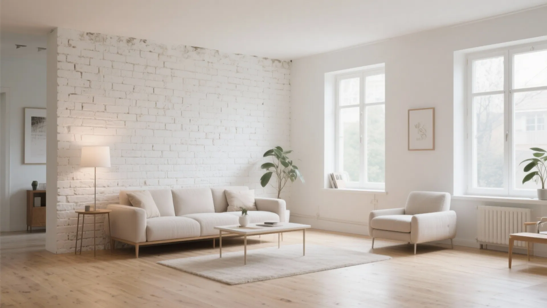 Modern living room with white brick wall beige sofa coffee table and light wood floor