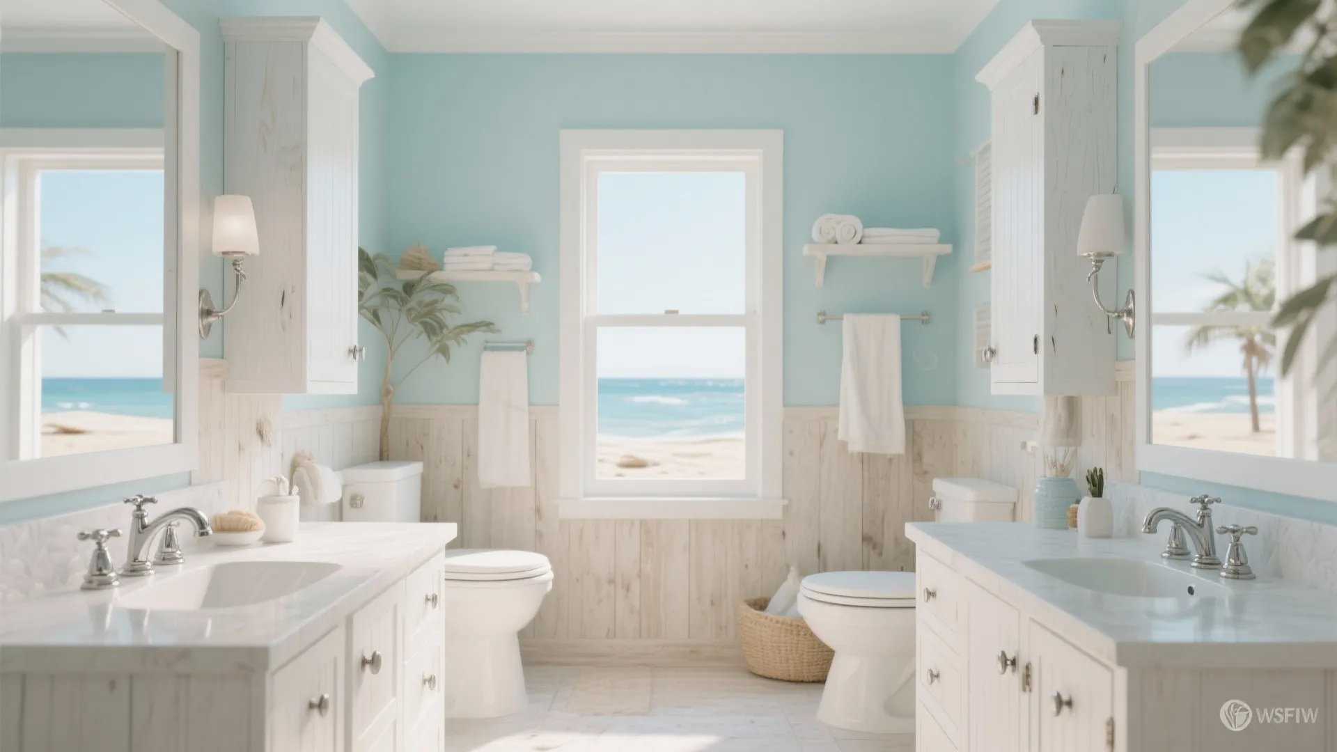 Bright blue bathroom with white cabinets two sinks toilet and window view of sandy beach