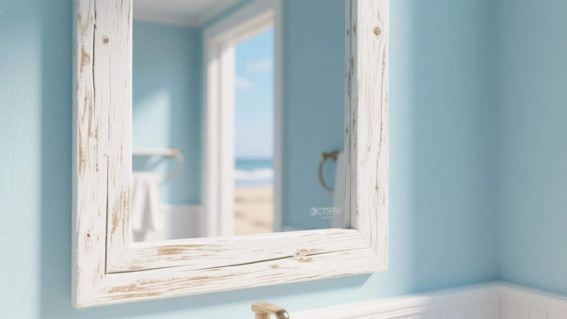 Whitewashed wooden mirror frame in a pale blue coastal bathroom
