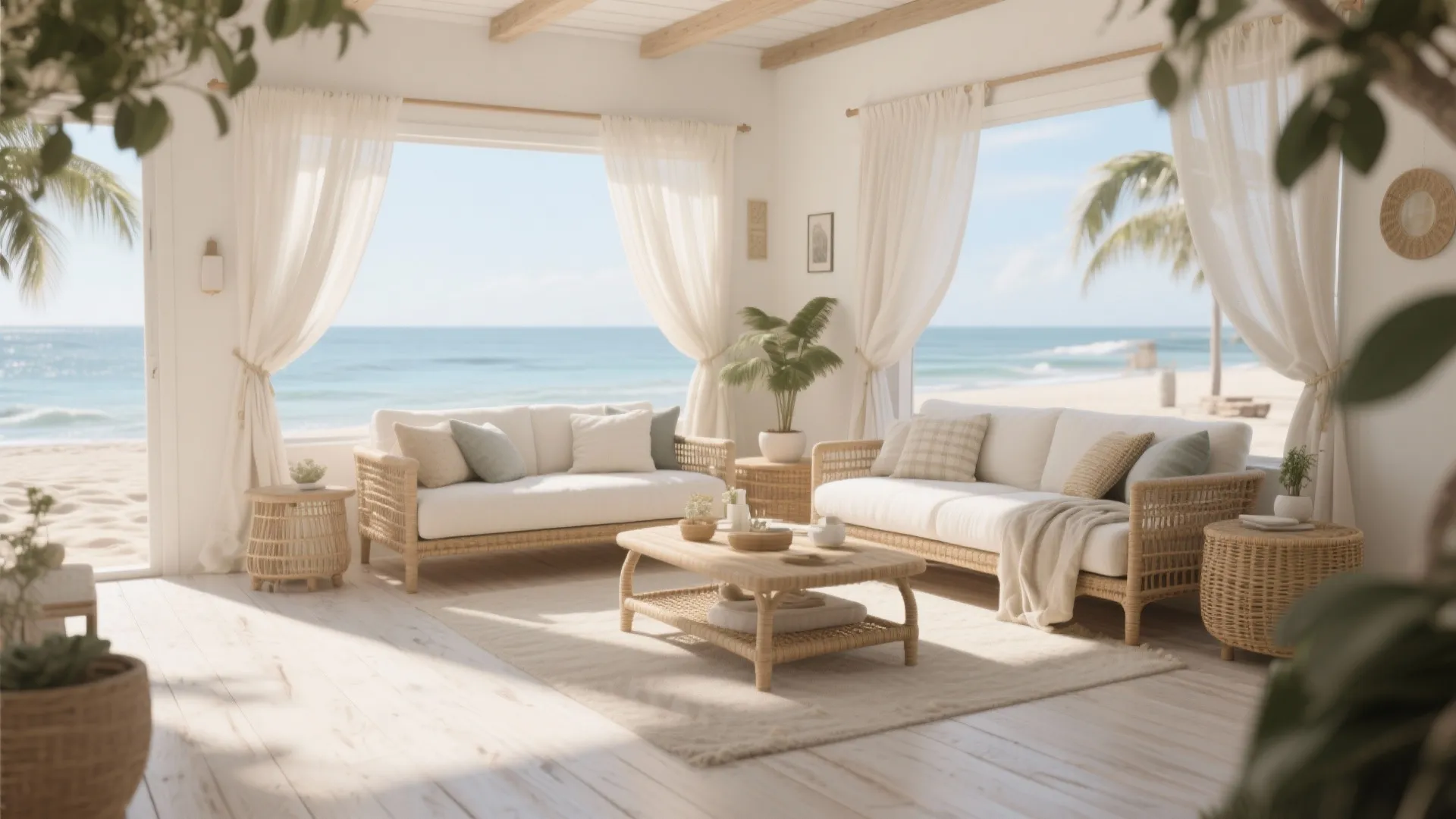 Coastal living room with whitewashed oak flooring and airy decor
