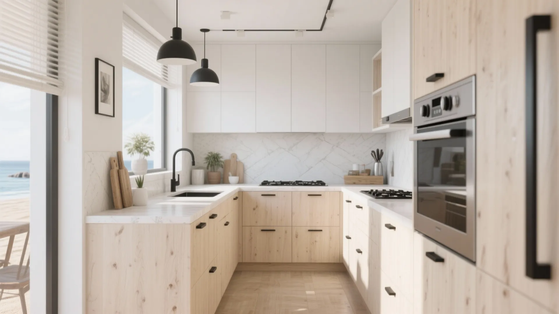 Modern bright kitchen with light wood cabinets white upper cupboards black pendant lights and ocean view