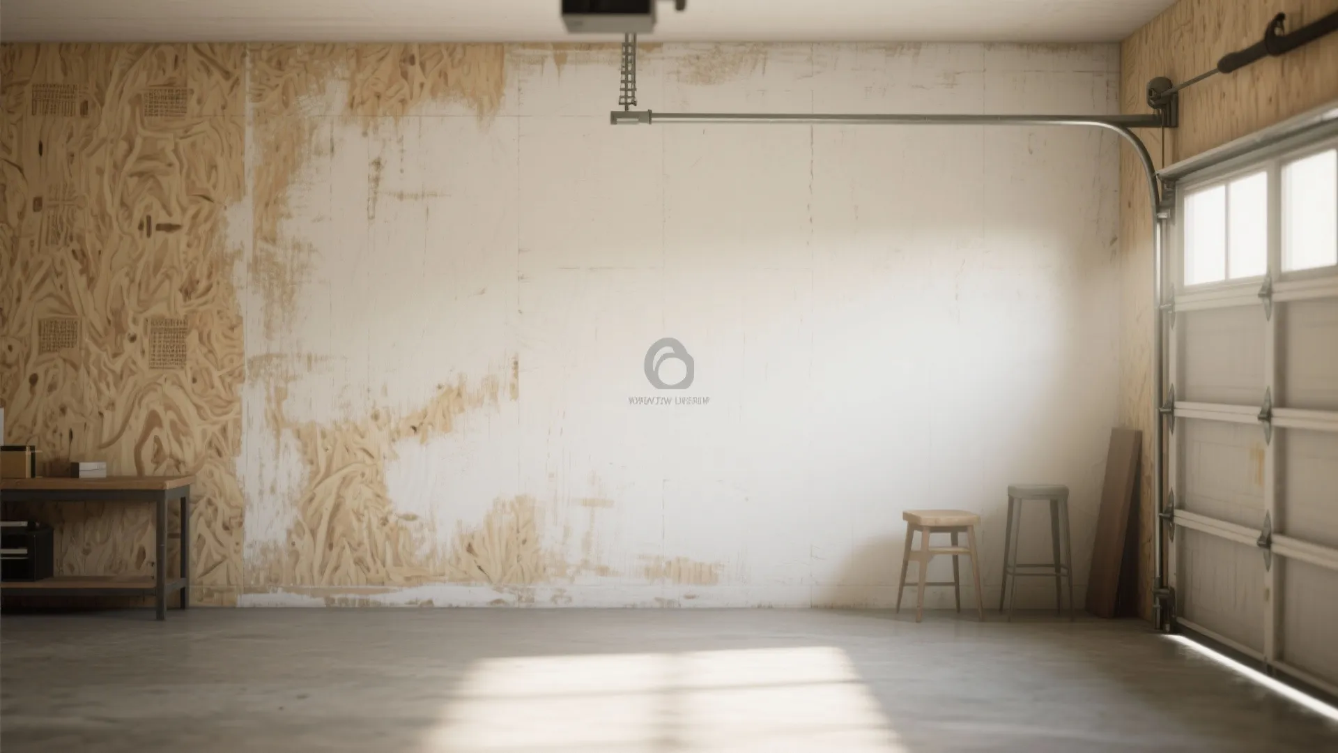 Empty garage space with white paint on wood panel wall small table stools and garage door