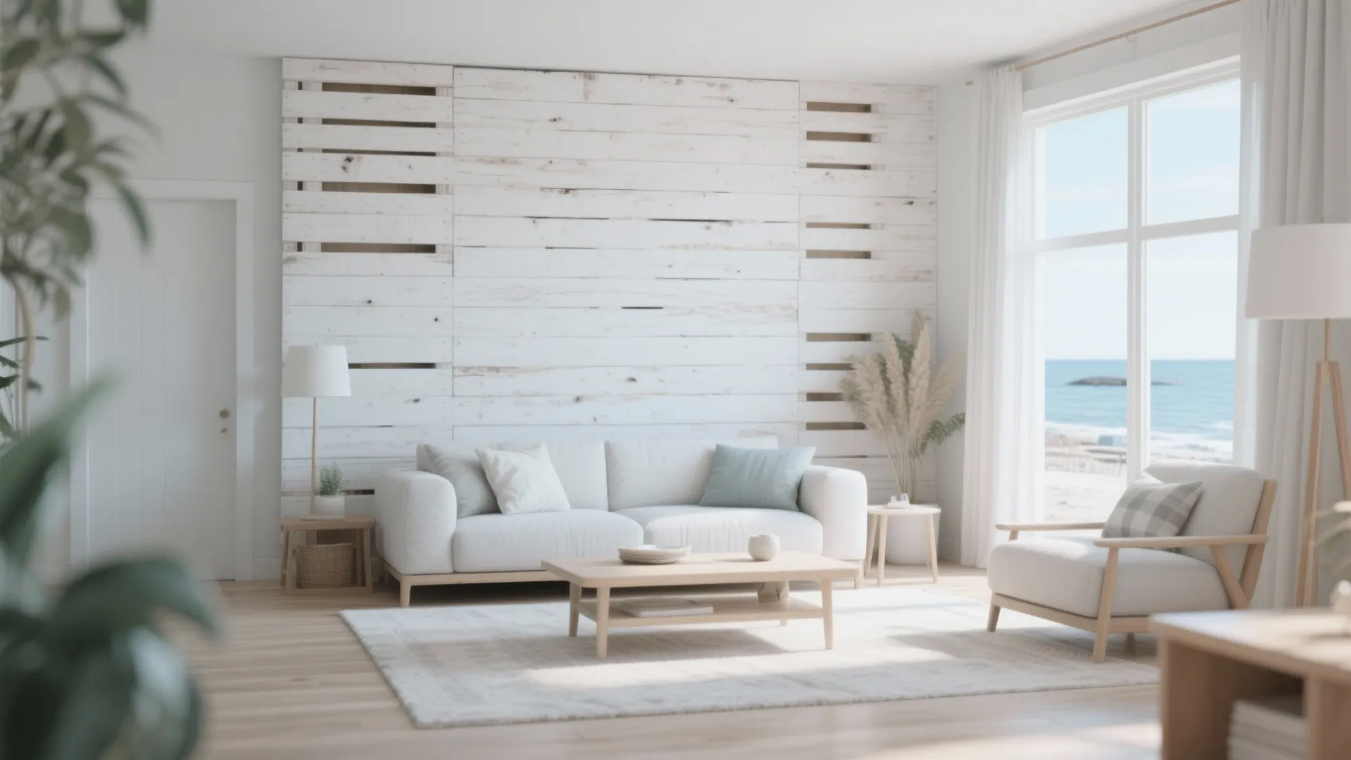 Bright beach house living room with white wood wall, modern sofa, and large window view