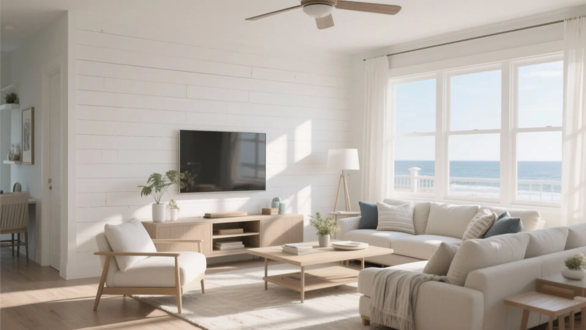 Bright beach style living room with white wall panel sofa television wooden cabinet and ocean view