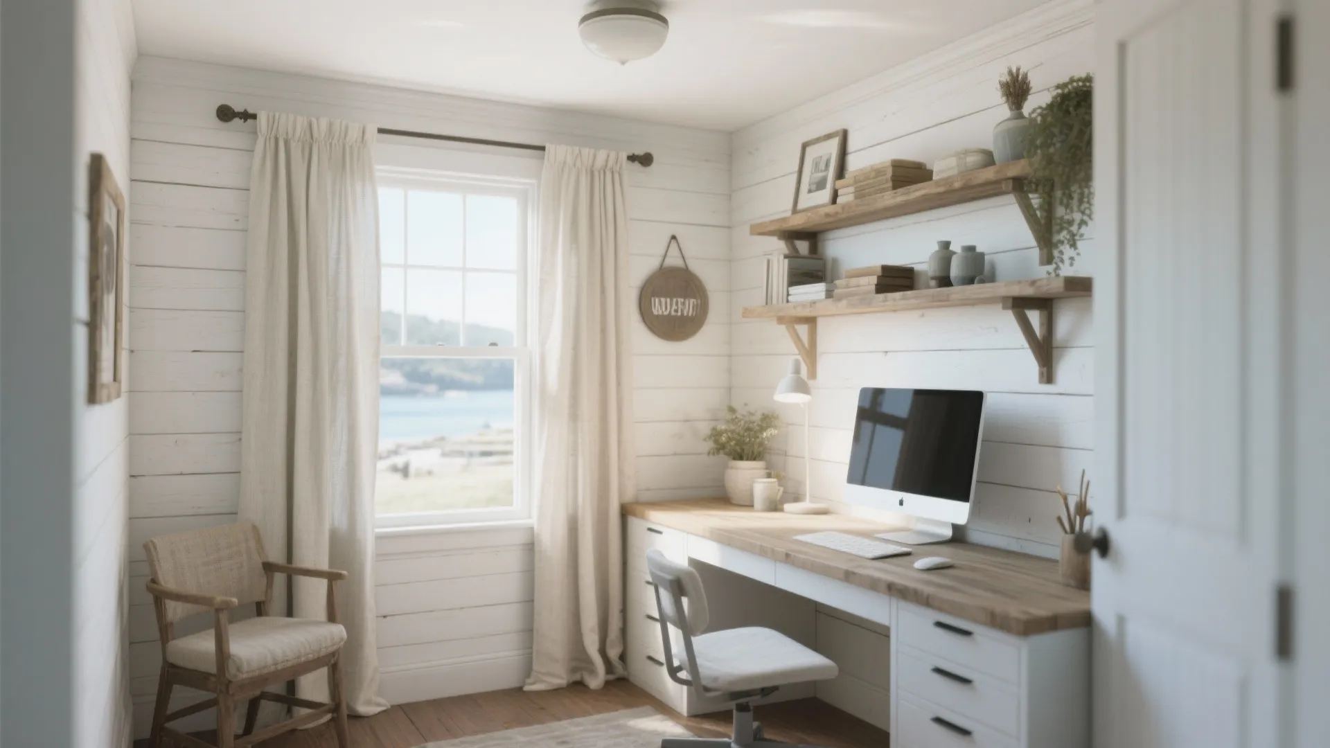Home office with white wall panels wooden desk computer white chair wooden shelves and curtains