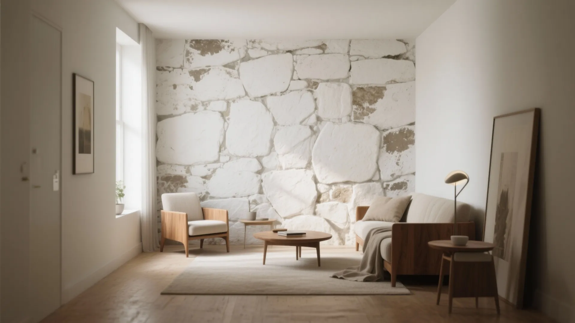 Living room with white stone wall plus beige sofa and armchair and one round table