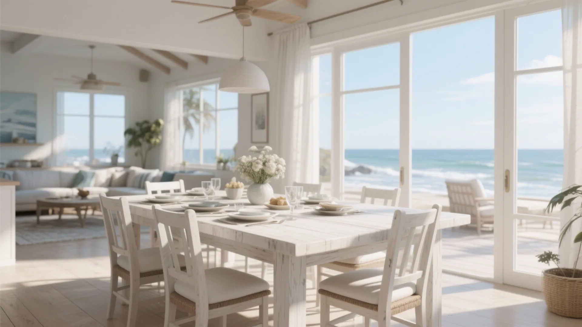 Bright coastal dining room with white wooden table and chairs overlooking beach through large windows
