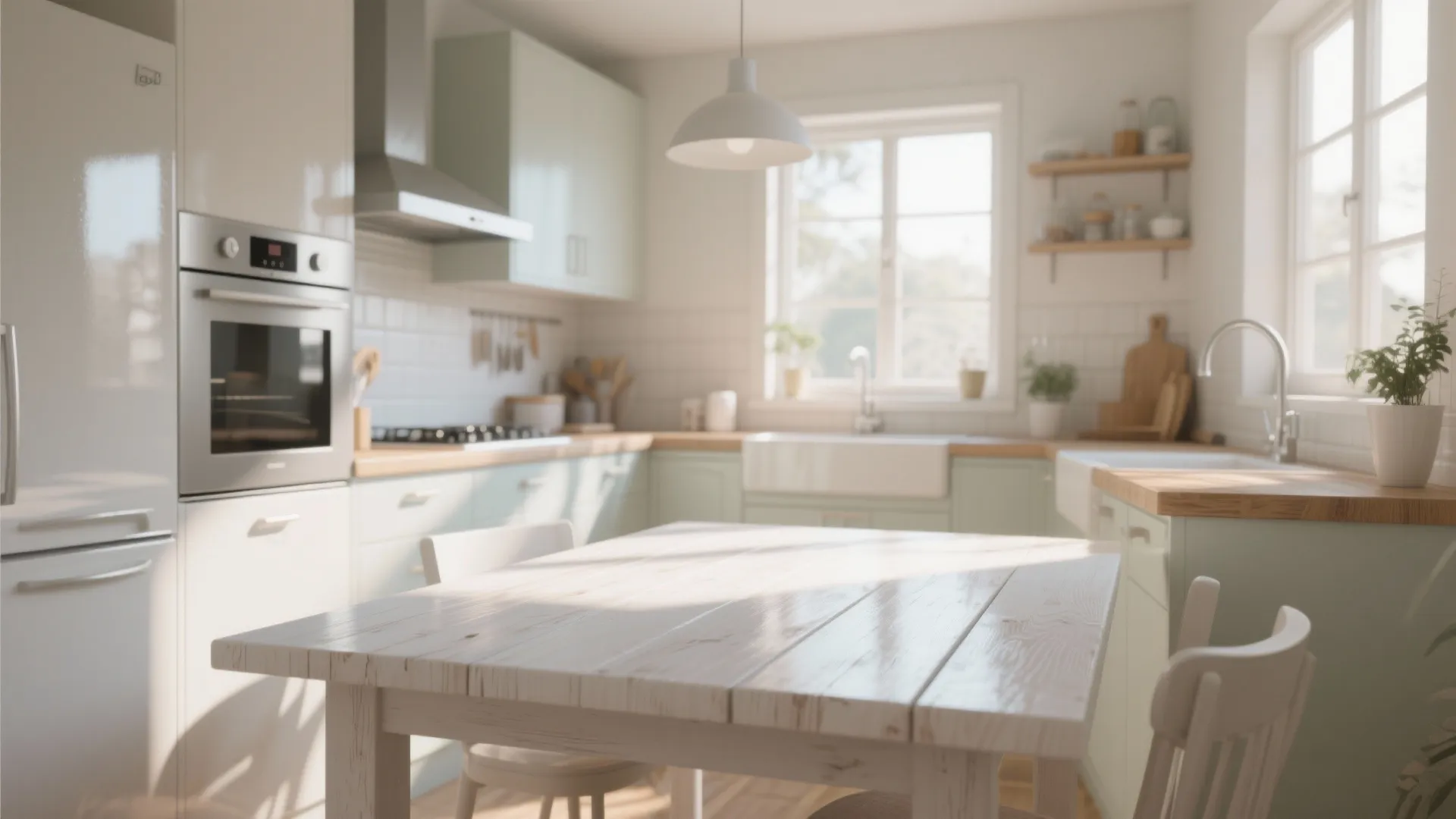 Bright modern kitchen with white wooden table and light green cabinets under a ceiling light