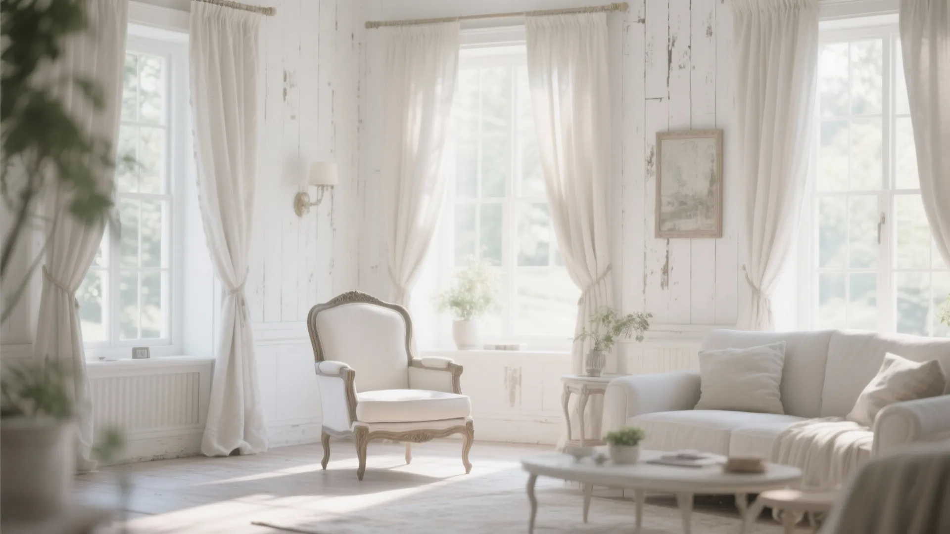 Living room with whitewashed walls and soft linen curtains in shabby chic style