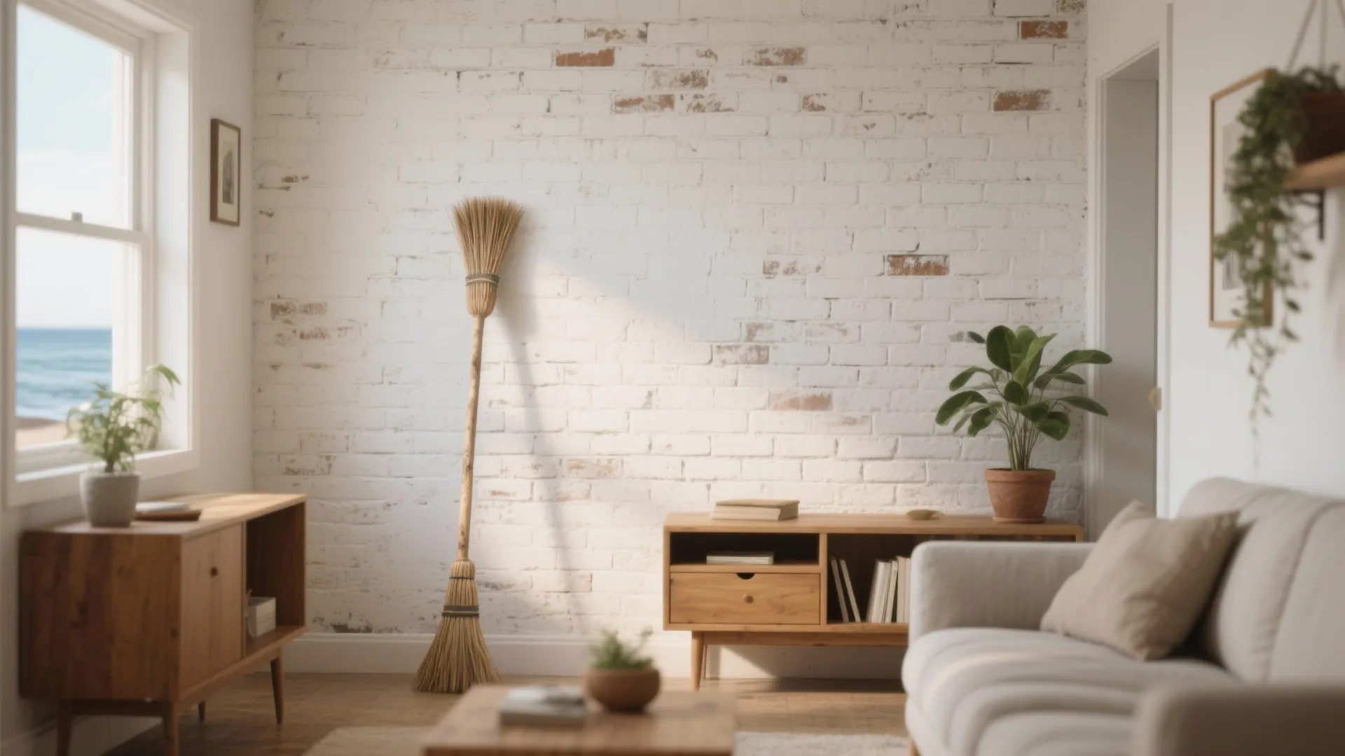 Whitewashed interior brick wall showing translucent brush strokes and preserved texture in a cozy living nook.