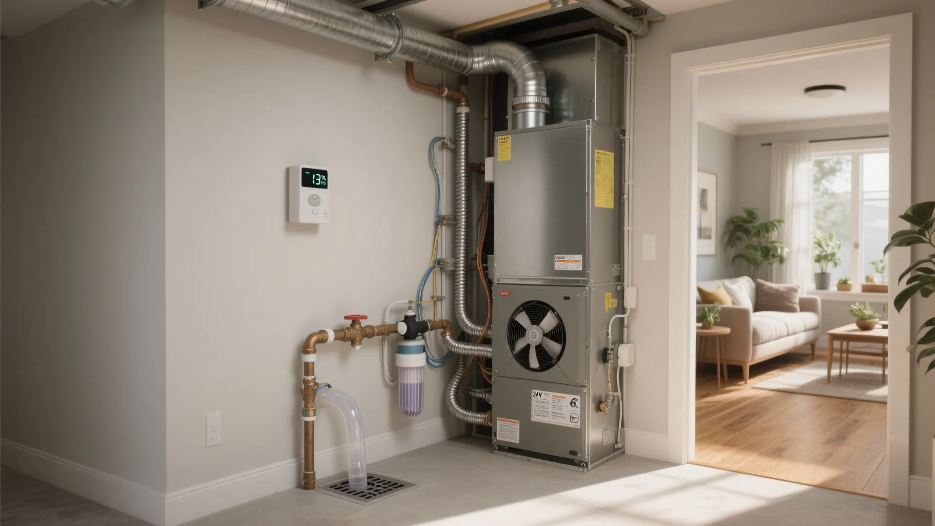 Modern home heating system with metal pipes and digital control panel near a bright doorway