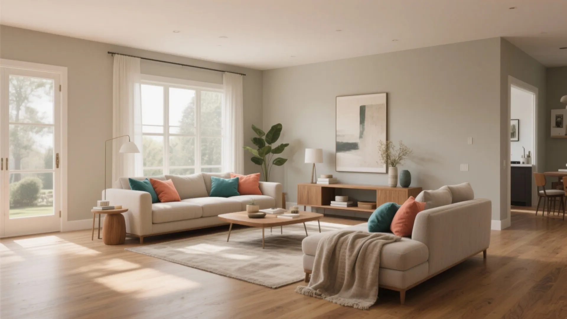 Bright open living room with cream sofa colorful pillows wood coffee table and large windows