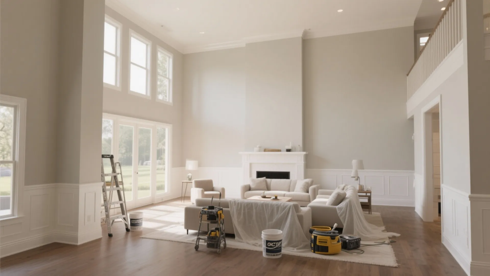 Spacious living room under renovation with painting tools ladder cream sofas and large bright windows