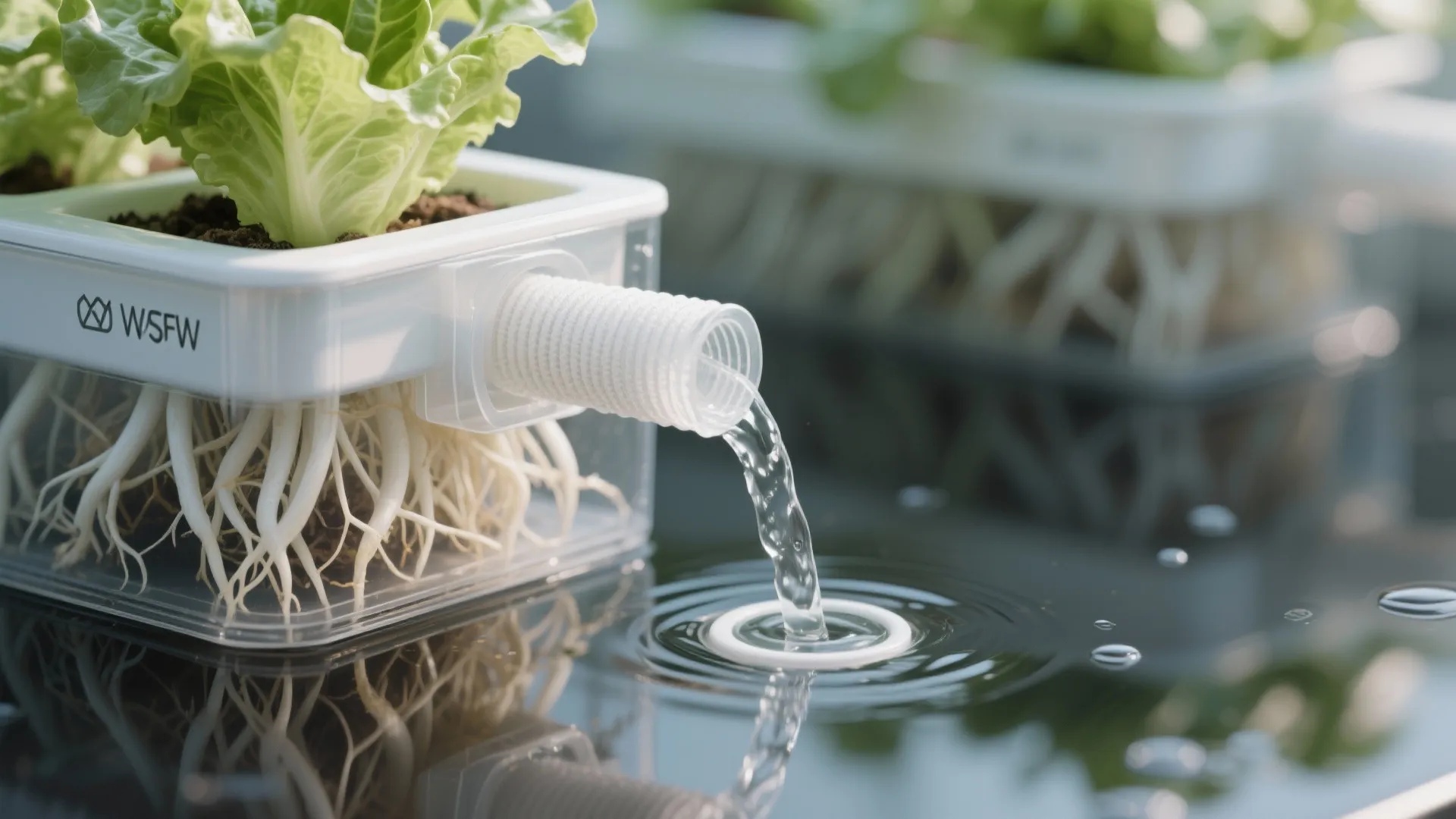 Macro of a hydrophobic wick moving water to a stacked planter cell with lettuce roots.