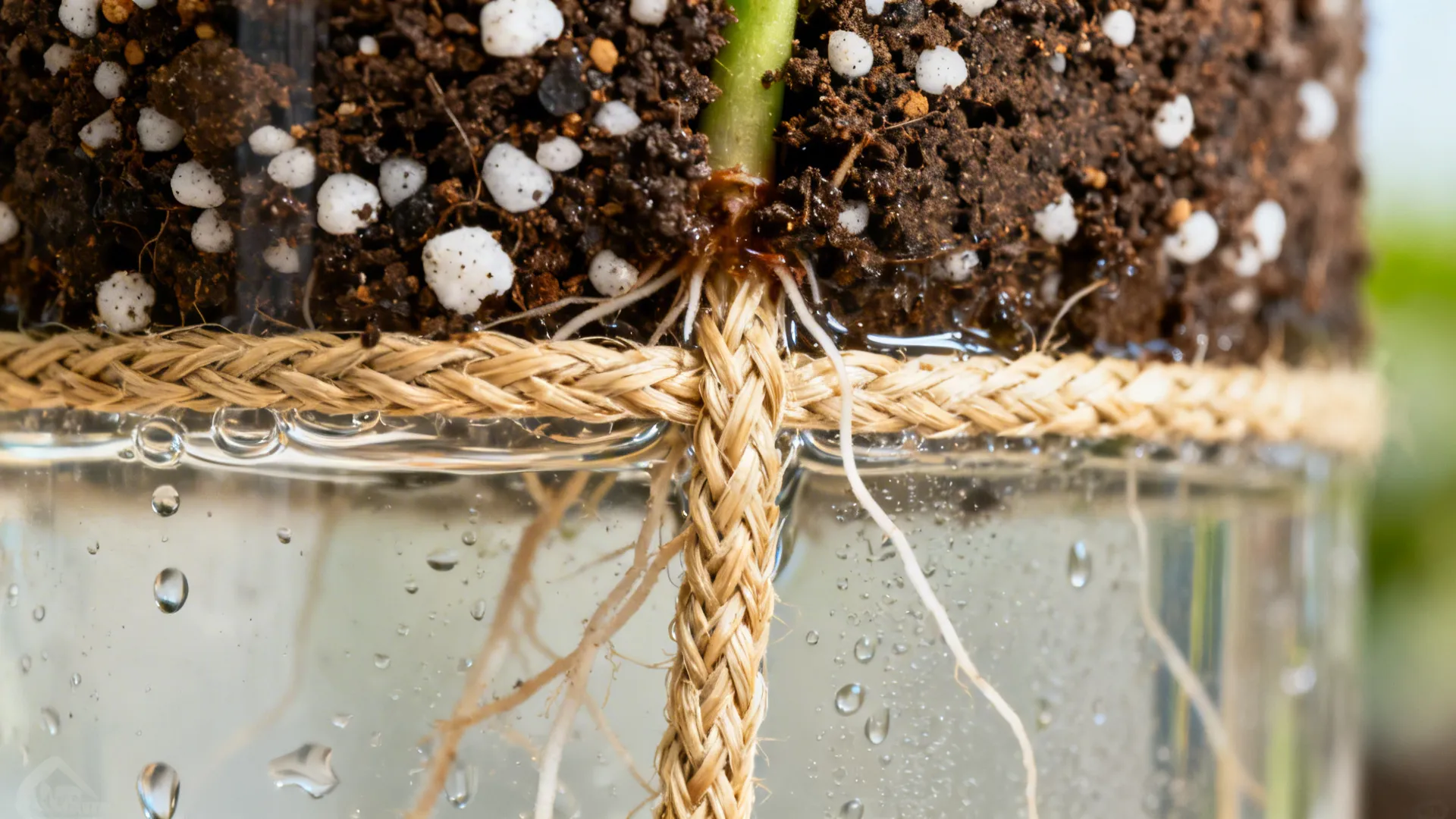 Macro view of a capillary wick pulling water from a reservoir into potting mix.