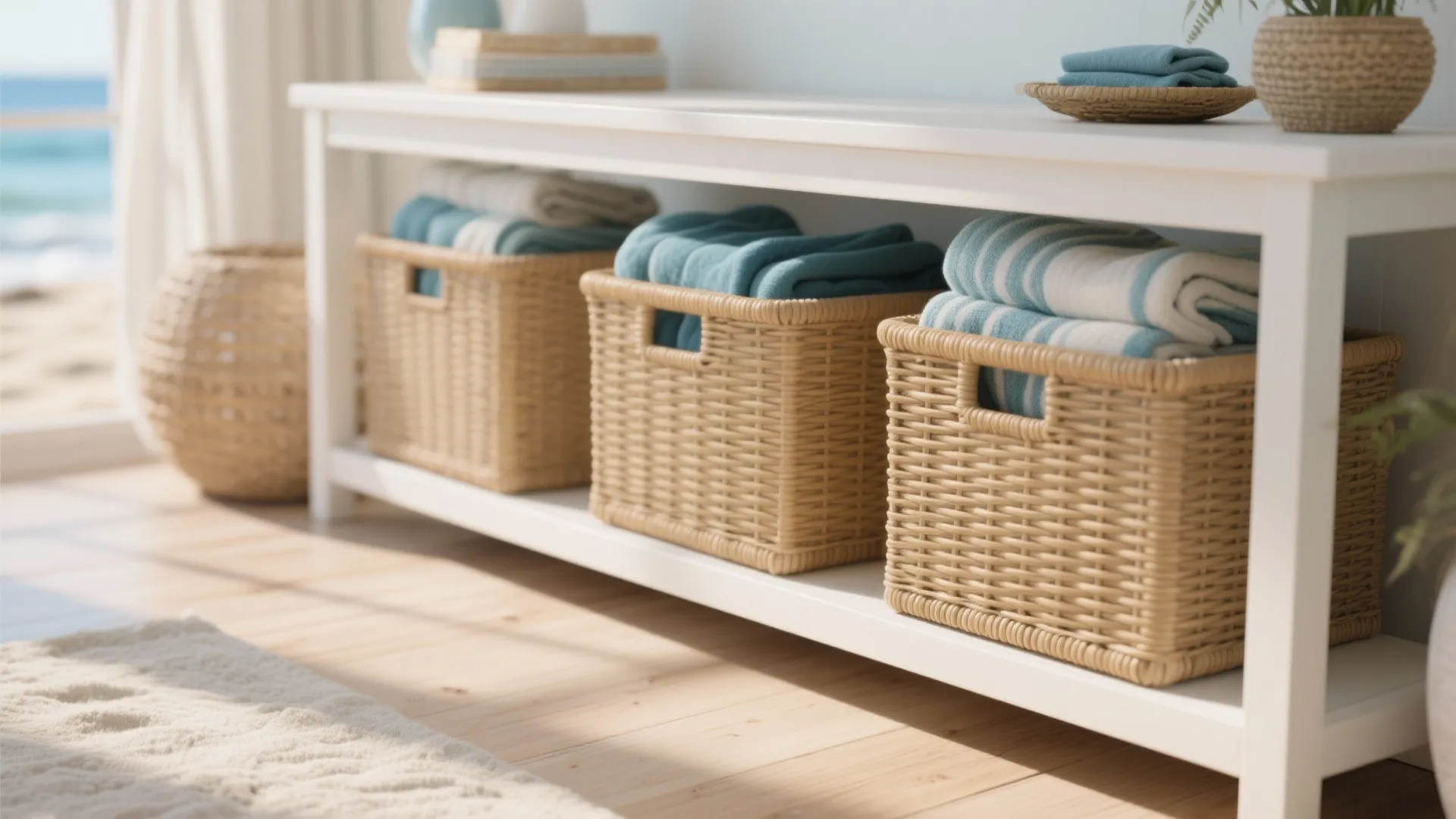 White wooden cabinet with three woven baskets holding blue and white striped towels and blankets