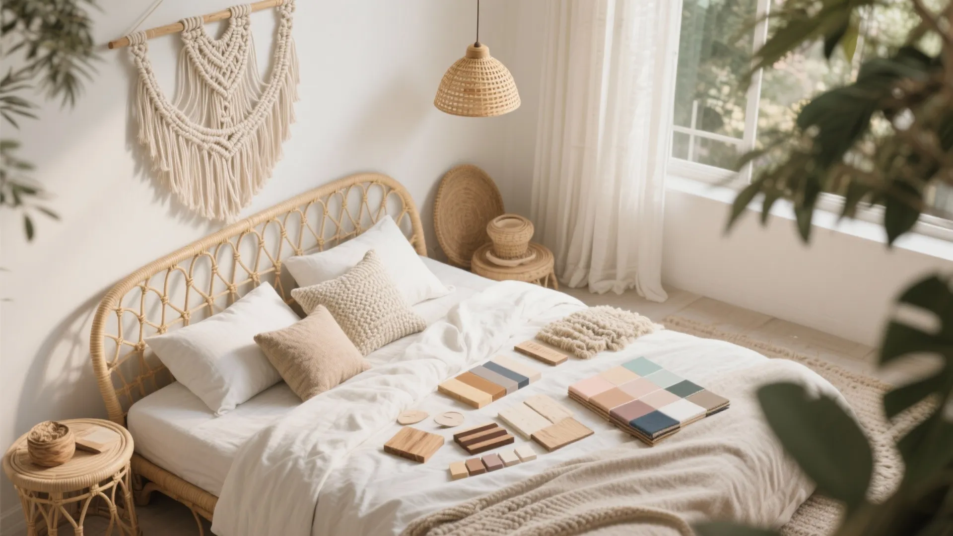 Flatlay of boho accents and natural textile swatches for a white wicker bedroom