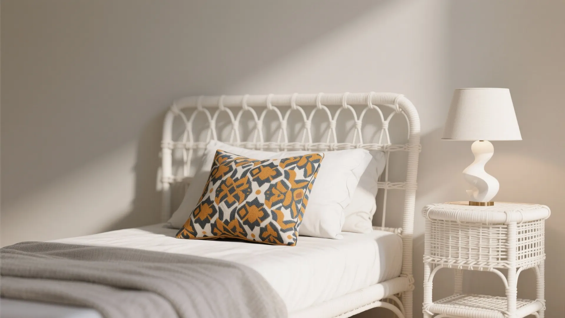 White wicker bed styled with a single bold patterned pillow and a sculptural lamp